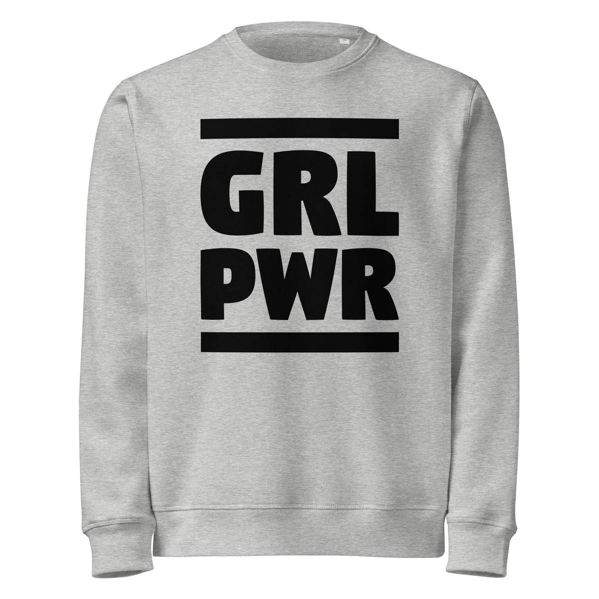 Grau meliertes Sweatshirt mit rundem Halsausschnitt und großem „GRL PWR“-Print vorne