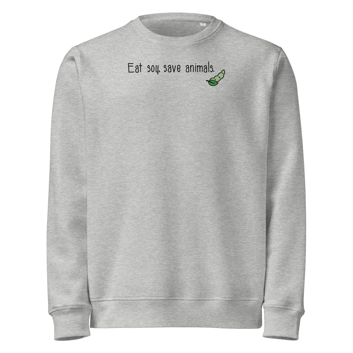 Meliertes graues Bio-Sweatshirt mit Brustprint „Eat soy, save animals“ und Tiermotiv