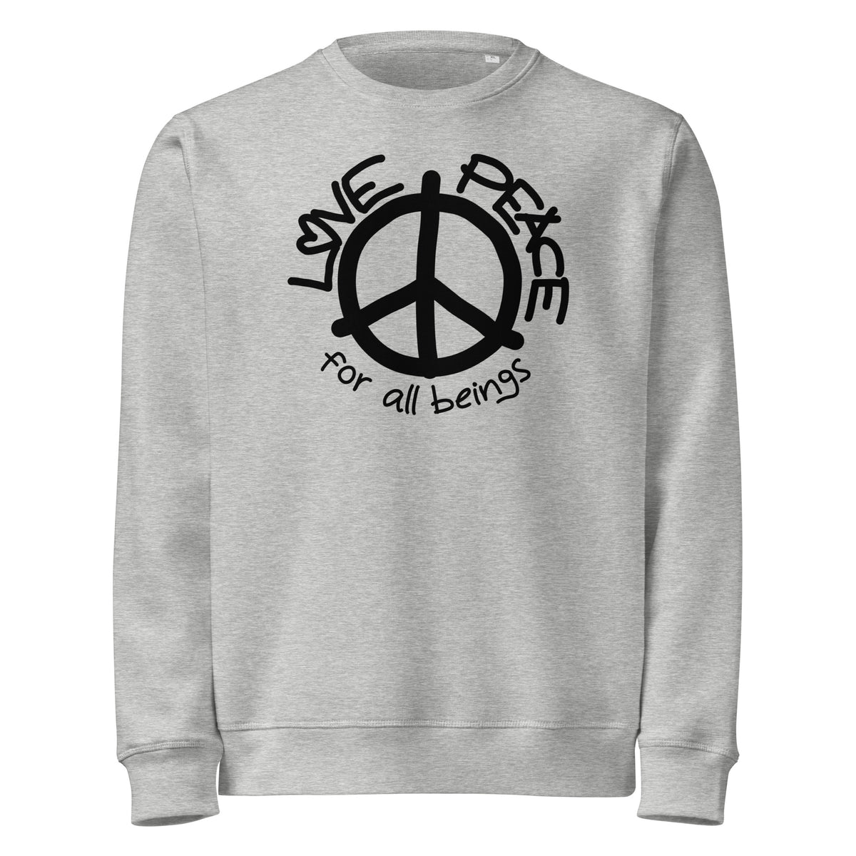 Heather-grauer Bio-Sweatshirt mit Peace-Logo und „for all beings“-Schriftzug vorn