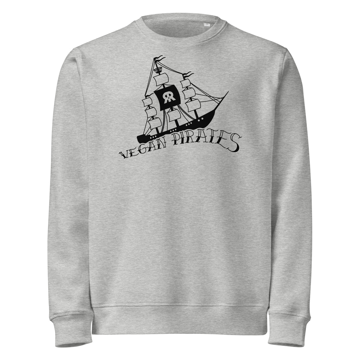 Veganes Bio-Sweatshirt meliert grau mit Piratenschiff-Print vorn