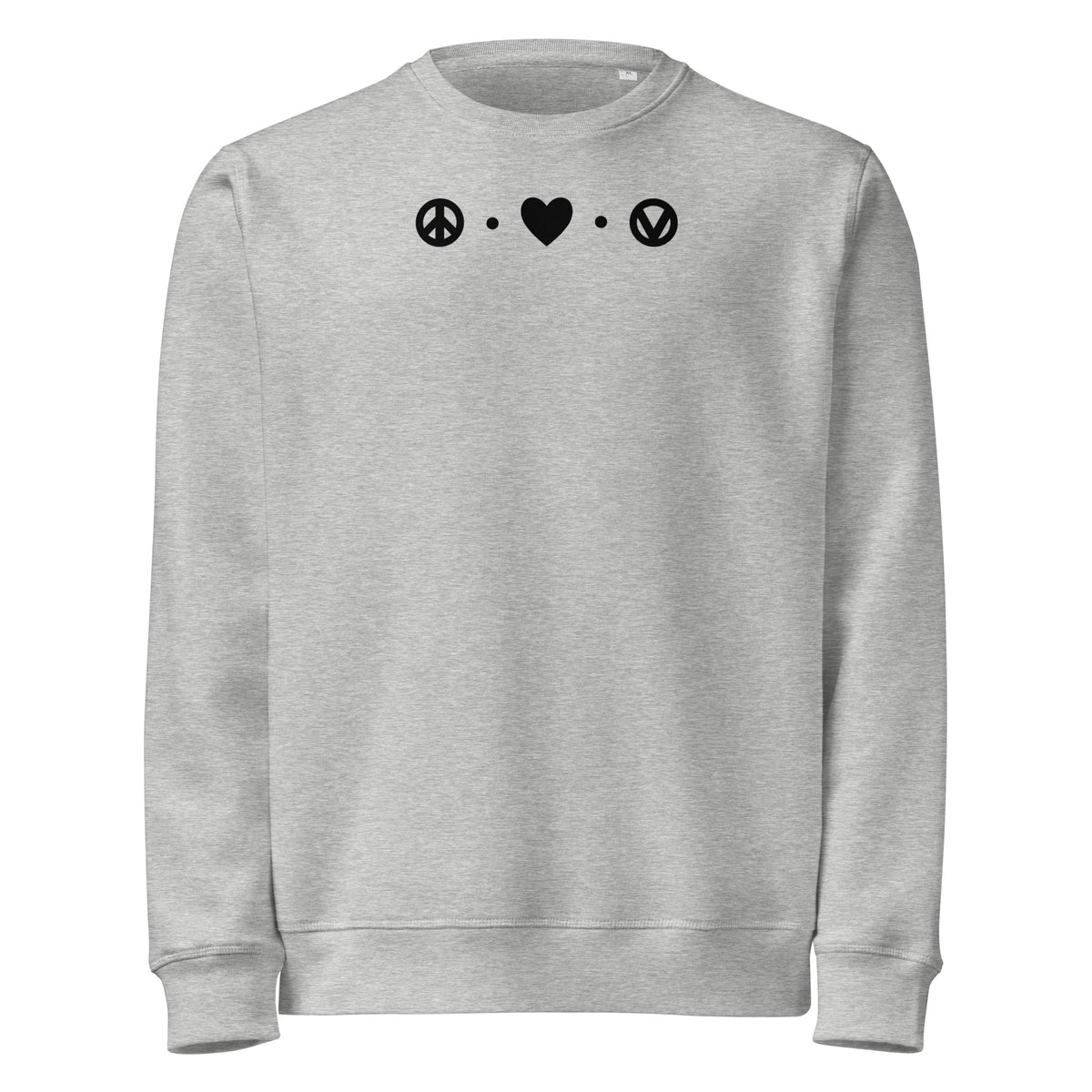 Veganes Sweatshirt in meliertem Grau mit Peace- und Herz-Motiv sowie Vegan-Icon auf der Brust
