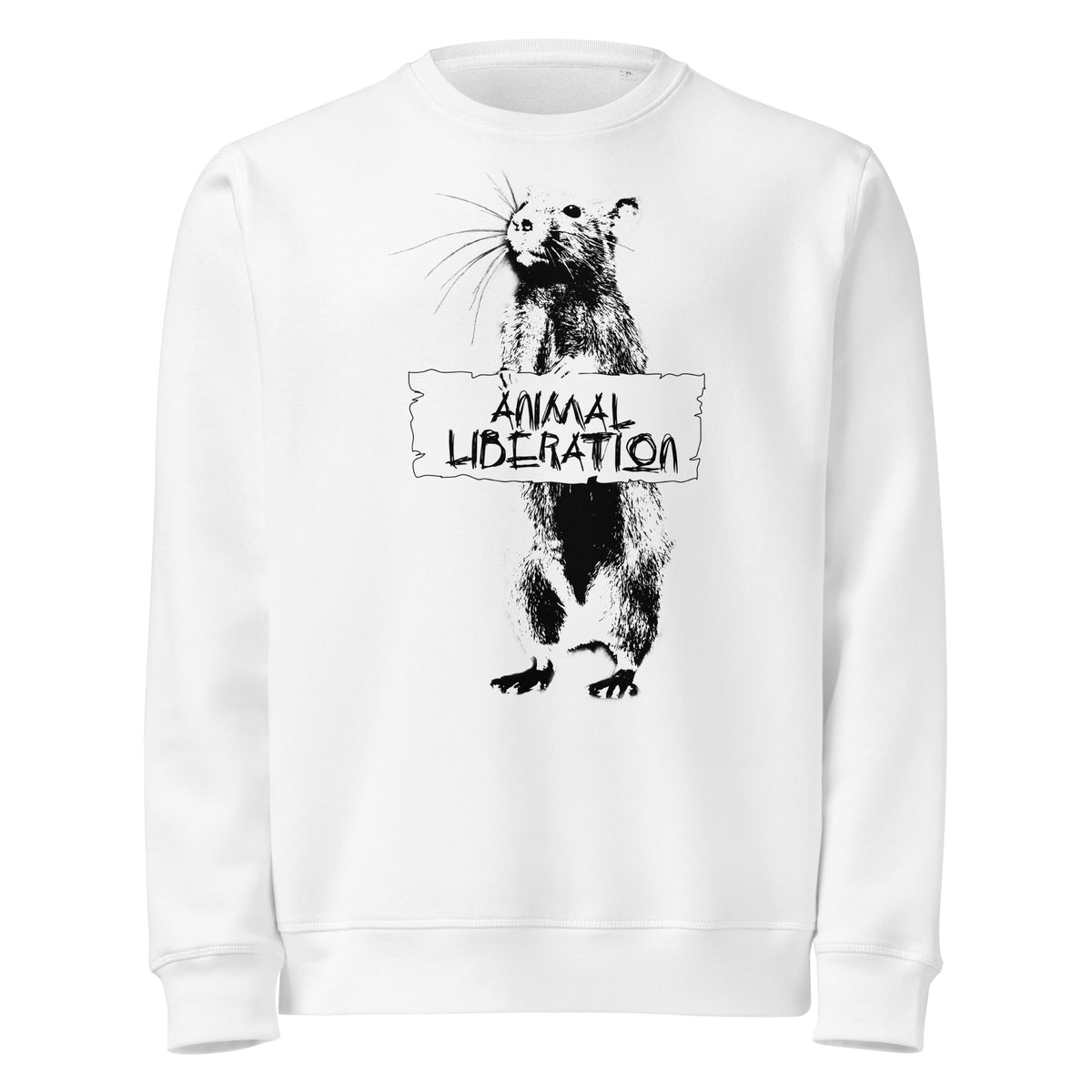 Veganes Bio-Sweatshirt, weiß, Rundhalsausschnitt, Frontprint „Animal Liberation“