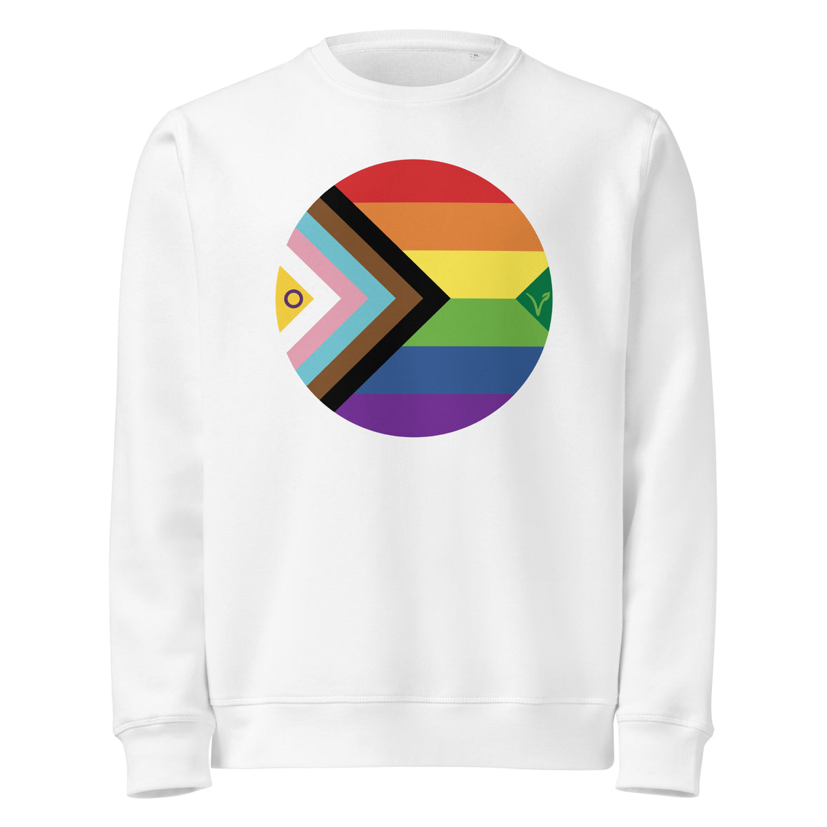 Weißer Sweatshirt mit großem Kreisaufdruck aus Regenbogen und schwarzem Pfeil