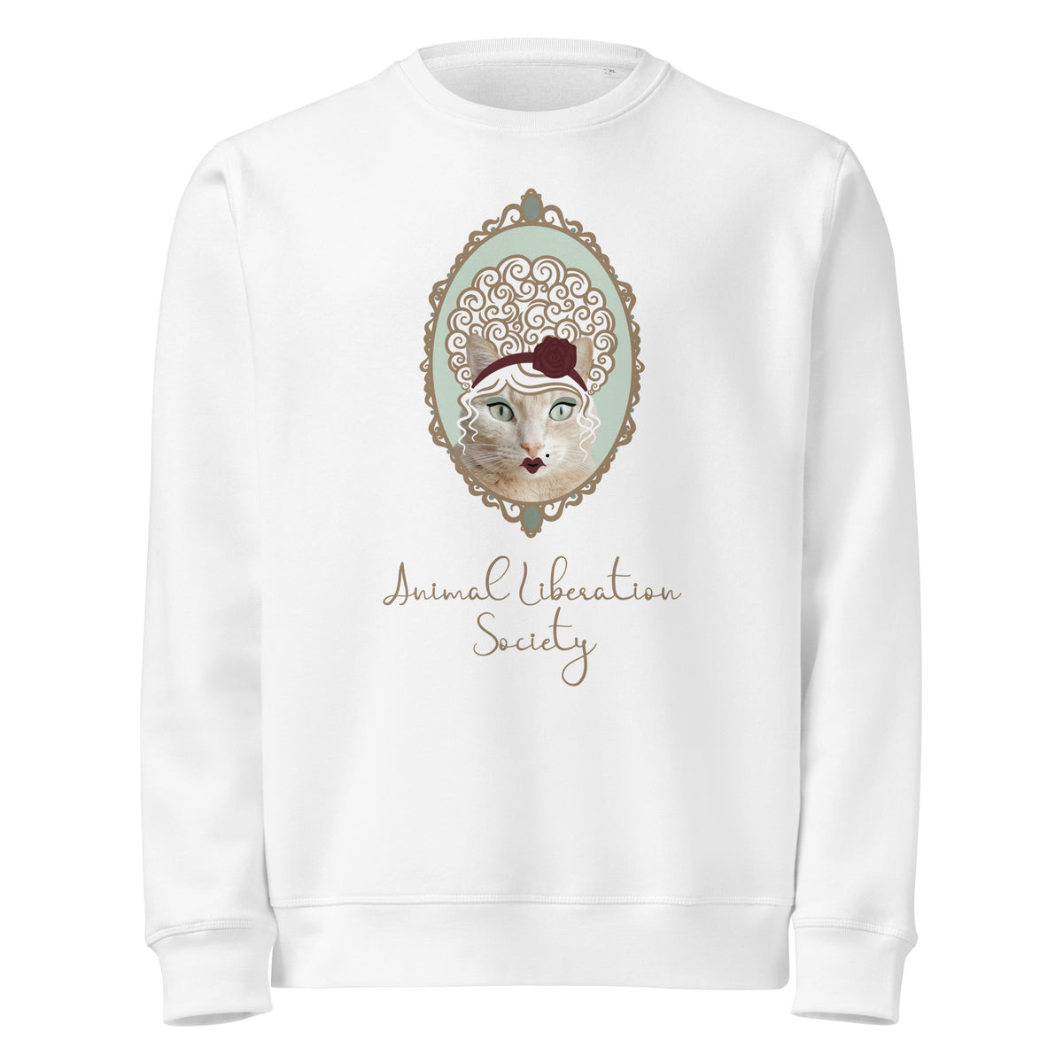 Weißes Sweatshirt mit Katzenmotiv im ornamentierten Rahmen und Schriftzug