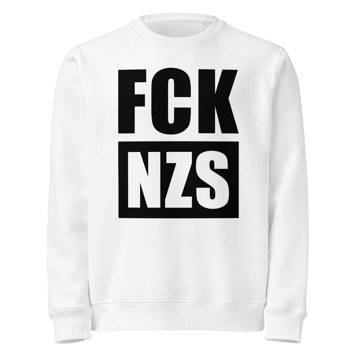 Weiße Sweatshirt mit großem Frontprint „FCK NZS“