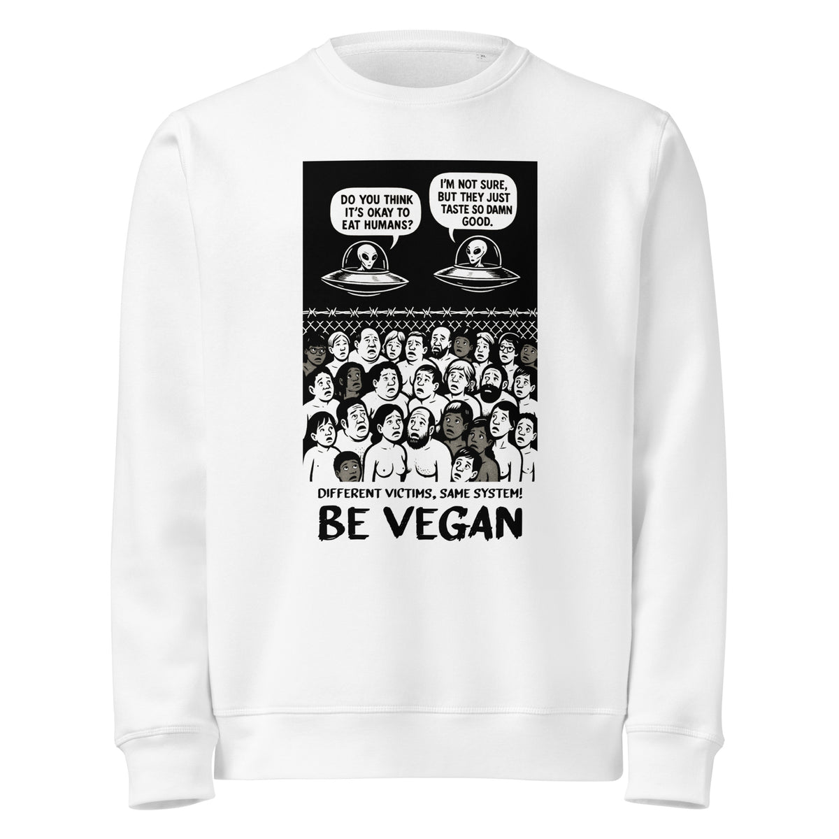 Weißer Sweatshirt mit Frontprint „BE VEGAN“ und Alien-Comic-Grafik, Rundhalsausschnitt
