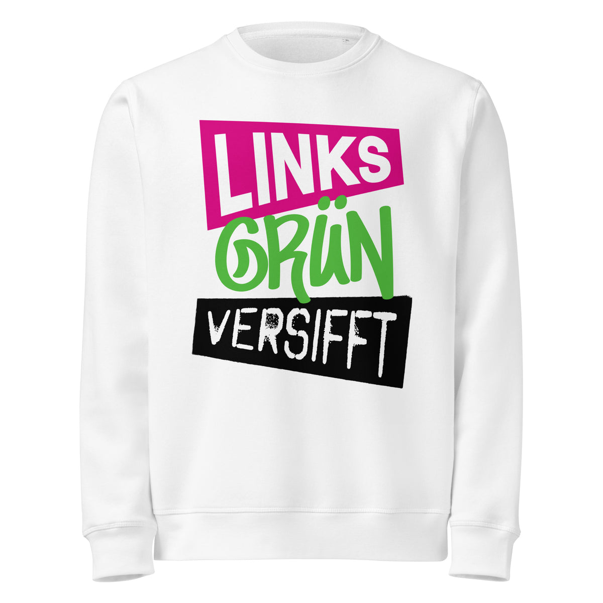 Weißes Sweatshirt mit Kastenprint „LINKS GRÜN VERSIFFT“