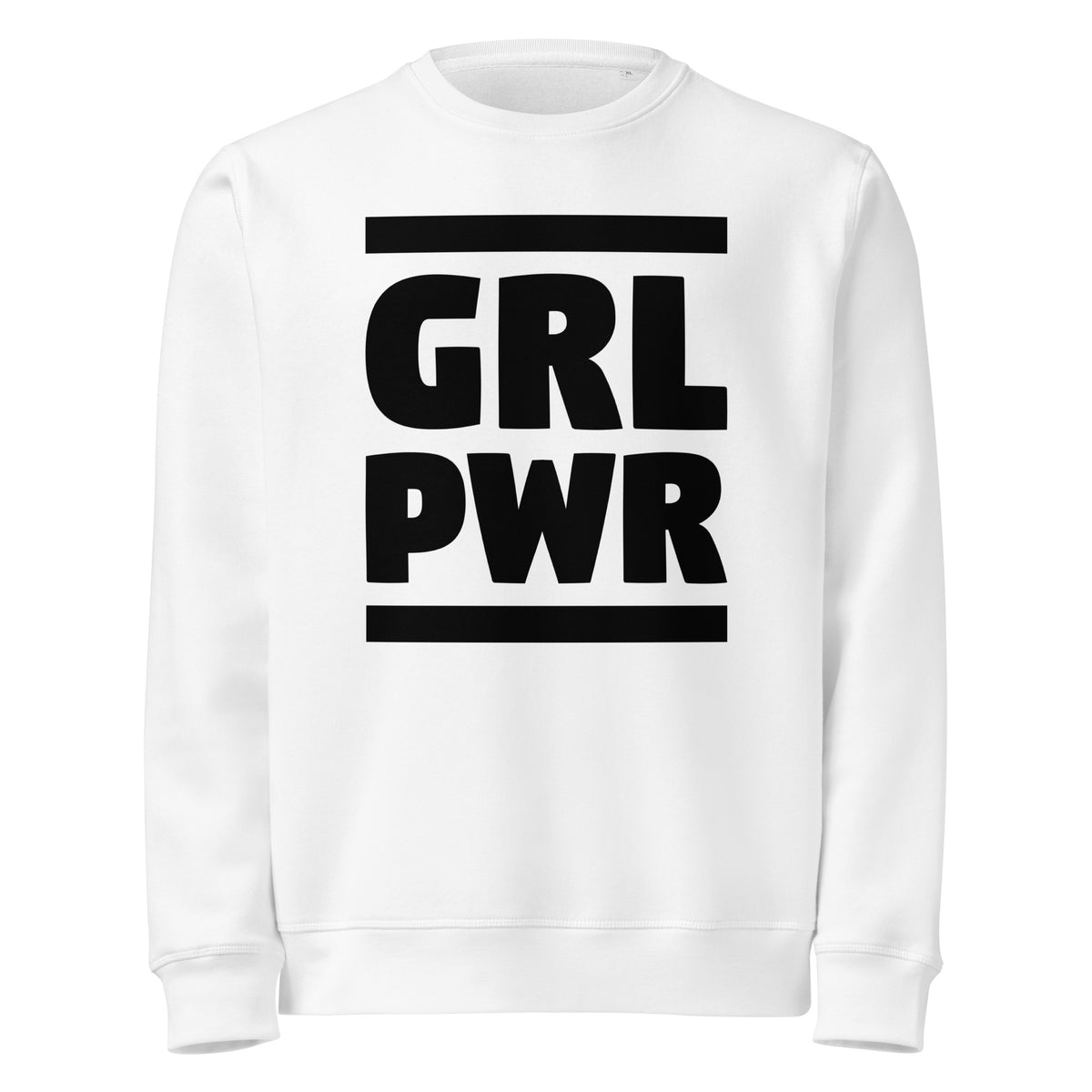 Weißes Sweatshirt mit rundem Halsausschnitt und großem „GRL PWR“-Print vorne