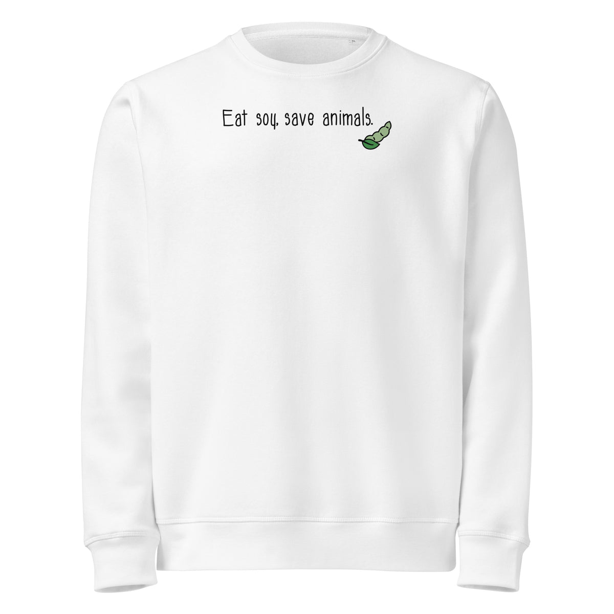 Weißes Bio-Sweatshirt mit Brustprint „Eat soy, save animals“ und kleinem Tiermotiv