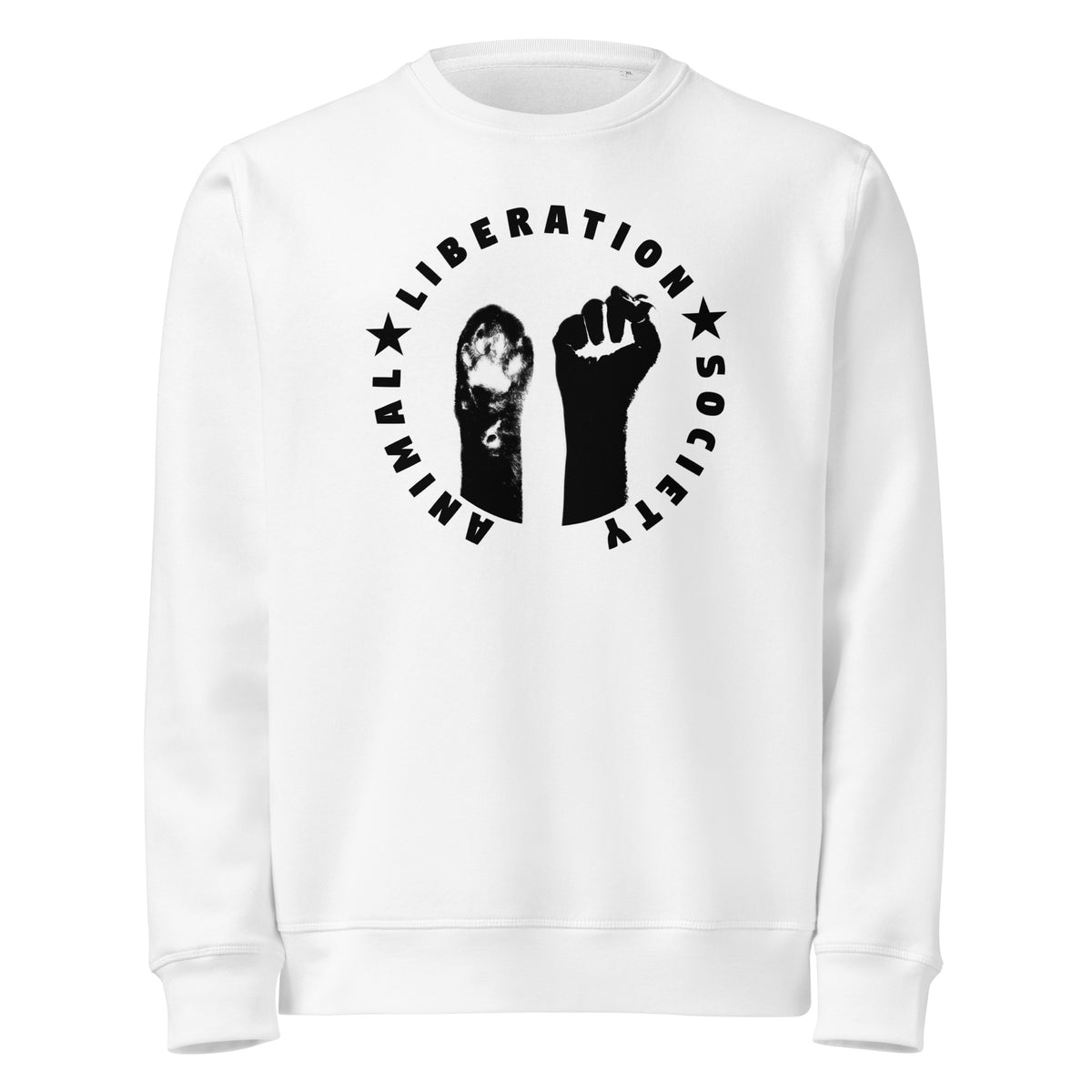 Weißes Sweatshirt mit Runddruck: erhobene Faust und Pfote, gerippter Saum