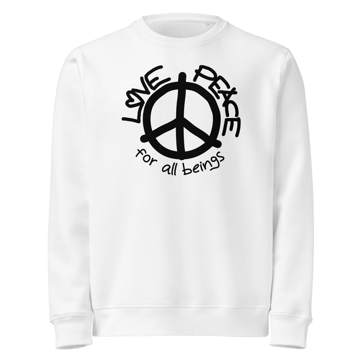 Weißer Bio-Sweatshirt mit Peace-Logo und „for all beings“-Schriftzug vorn
