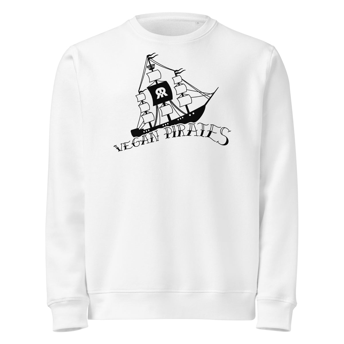 Veganes Bio-Sweatshirt weiß mit Piratenschiff-Print vorn