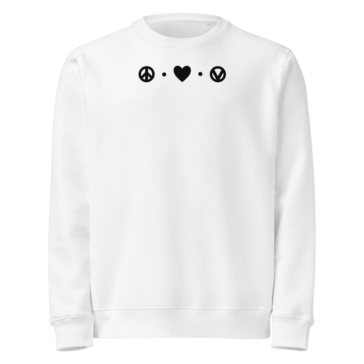 Veganes Sweatshirt in Weiß mit Peace- und Herz-Motiv sowie Vegan-Icon auf der Brust