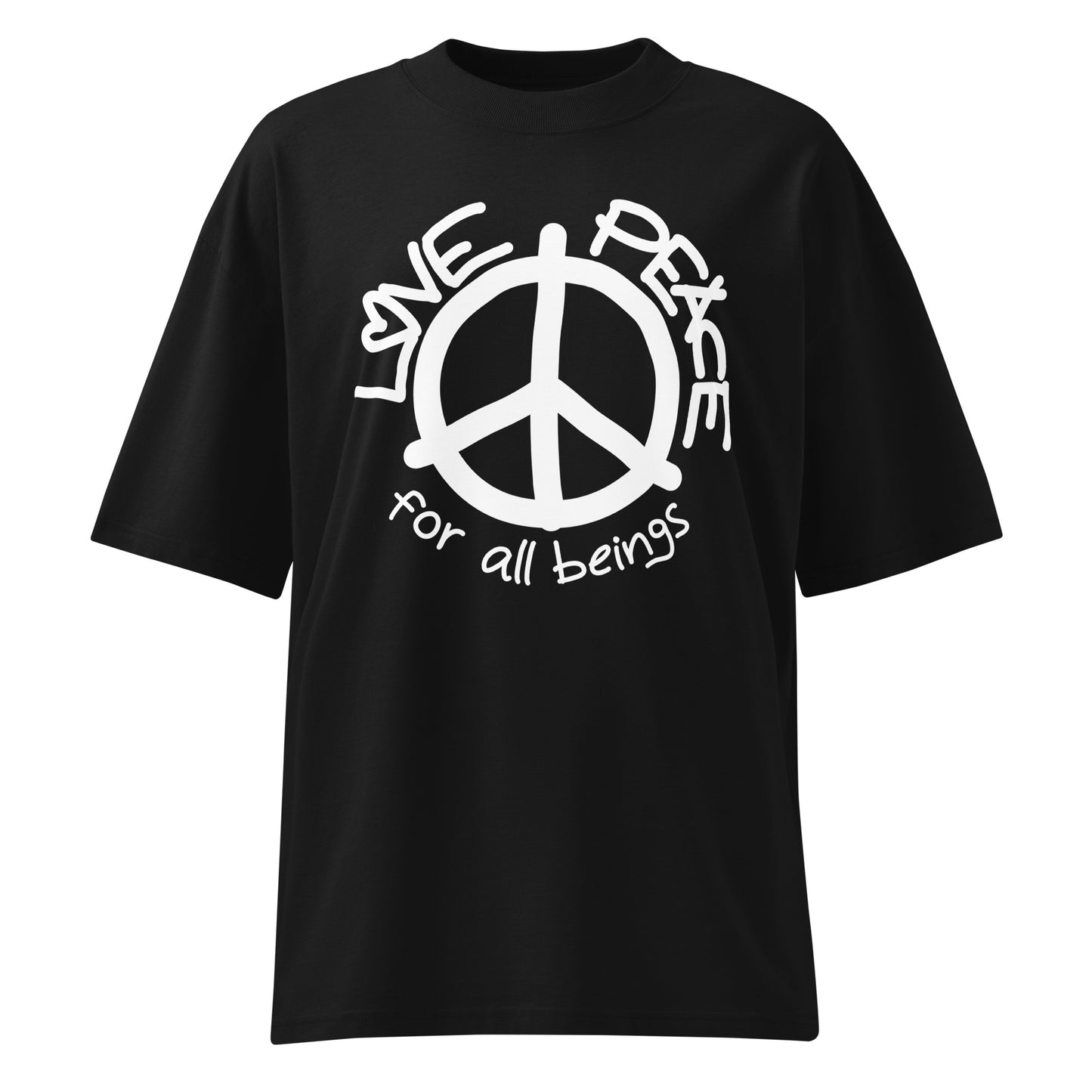 Schwarzes Bio-Baumwoll-Shirt im Oversized-Schnitt mit weißem Love and Peace Print und überschnittenen Schultern.