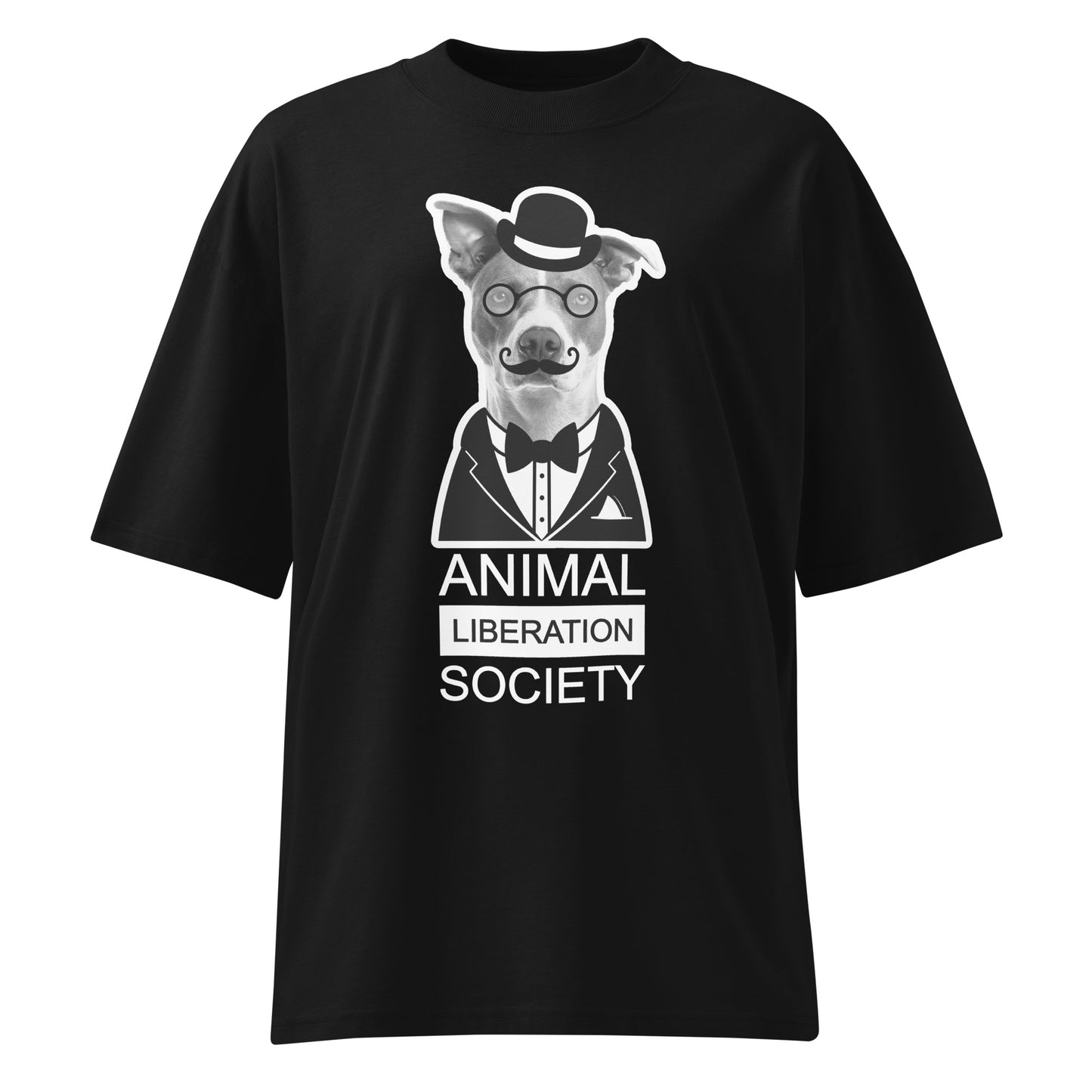 Schwarzes Bio-Baumwoll-Oversized-Shirt mit Mr. Dog Print, Melone, Monokel und Animal Liberation Society Schriftzug.