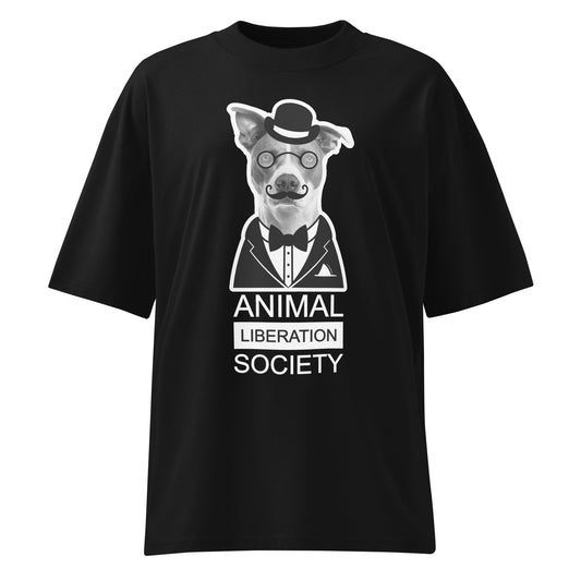 Schwarzes Bio-Baumwoll-Oversized-Shirt mit Mr. Dog Print, Melone, Monokel und Animal Liberation Society Schriftzug.