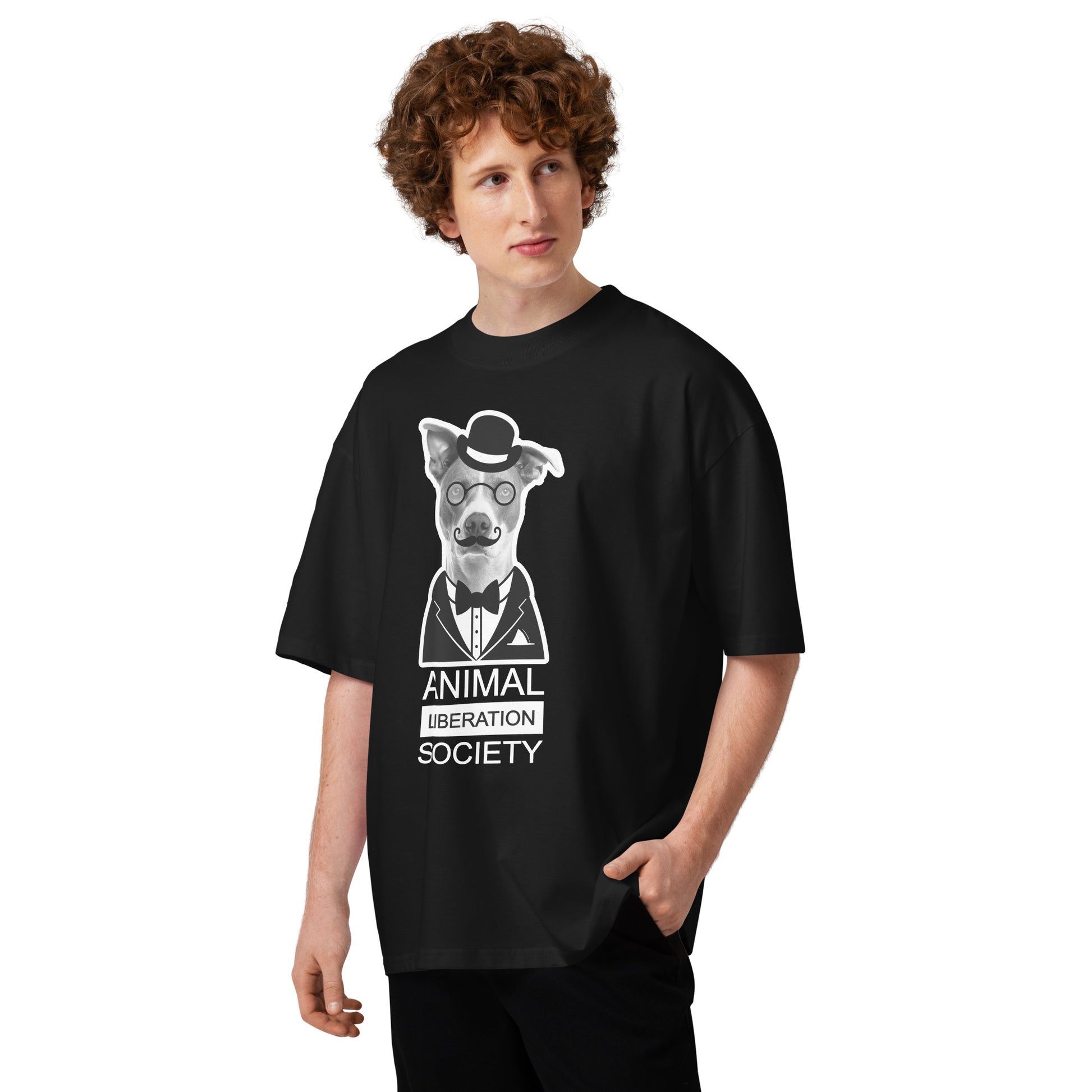 Schwarzes Oversized-Shirt aus Bio-Baumwolle mit Mr. Dog Print, Zylinder, Monokel und Animal Liberation Society Schriftzug.