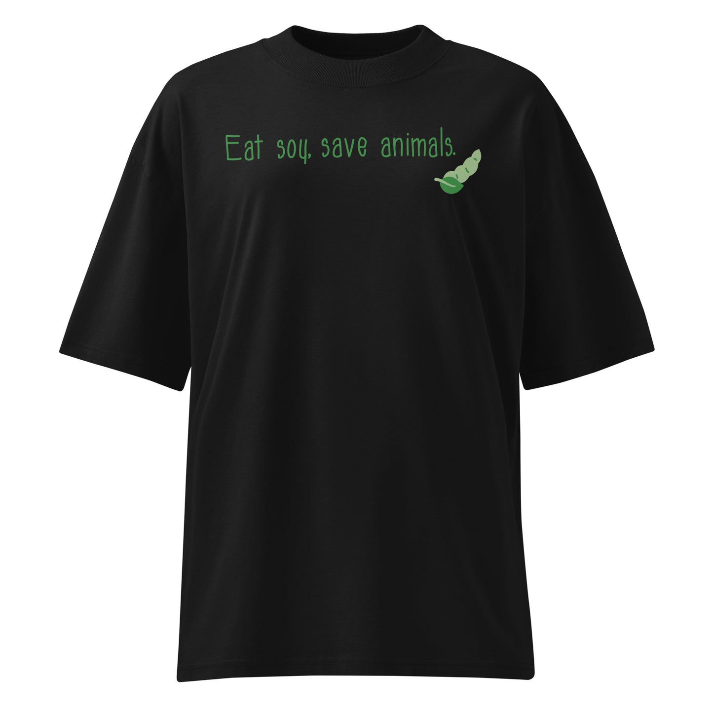 Schwarzes Bio-Baumwoll-Oversized-Shirt mit grünem „Eat soy, save animals“-Schriftzug und Sojabohnen-Grafik.