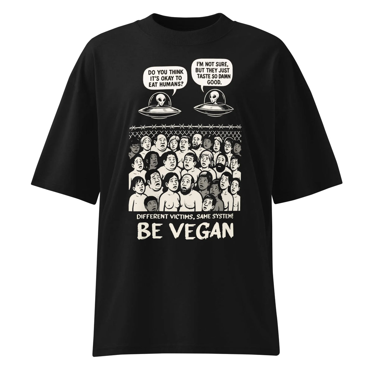 Oversize T-Shirt in Schwarz mit Frontprint „BE VEGAN“ und Alien-Comic