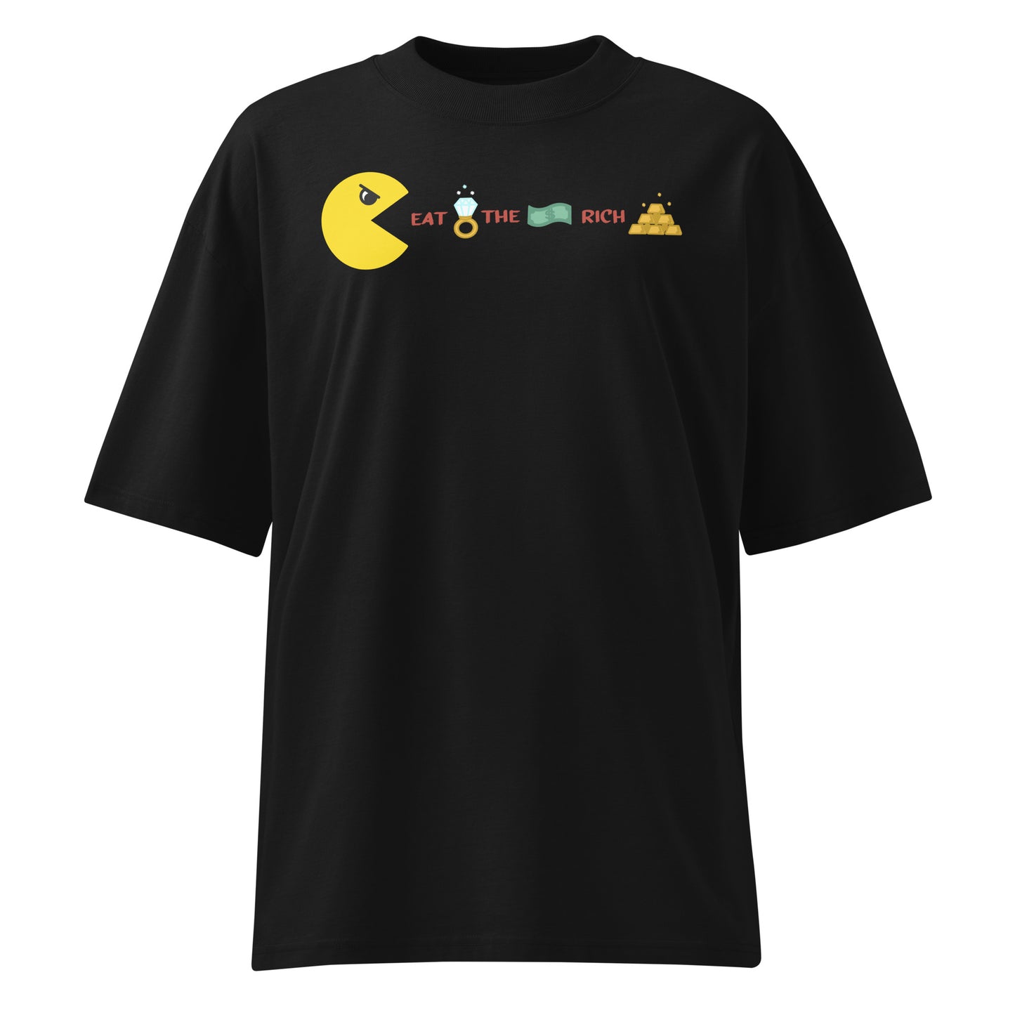 Schwarzes Oversized-T-Shirt aus Bio-Baumwolle mit Pac-Man „Eat the Rich“-Grafikprint und Goldbarren-Motiv.