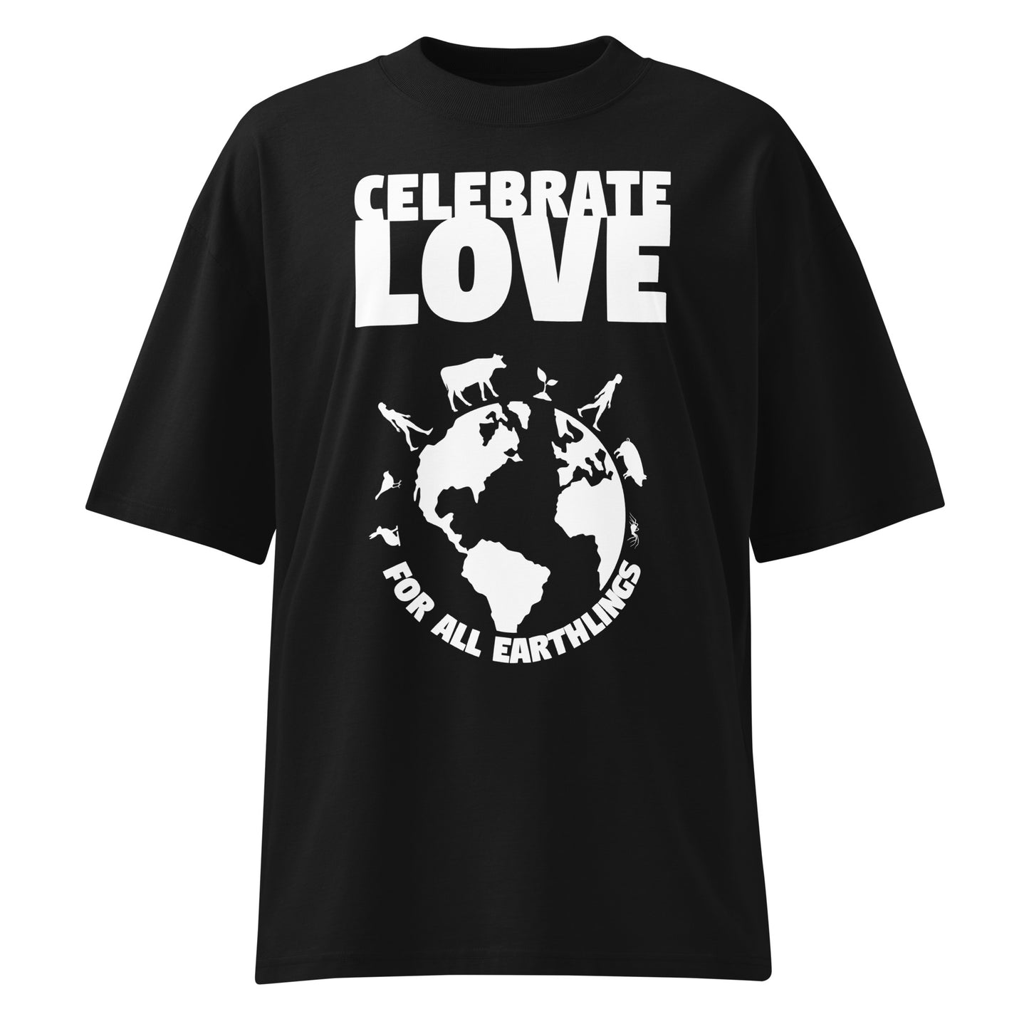 Schwarzes Bio-Baumwoll-Shirt im Oversized-Schnitt mit weißem Celebrate Love for all Earthlings-Print und Tiermotiven.