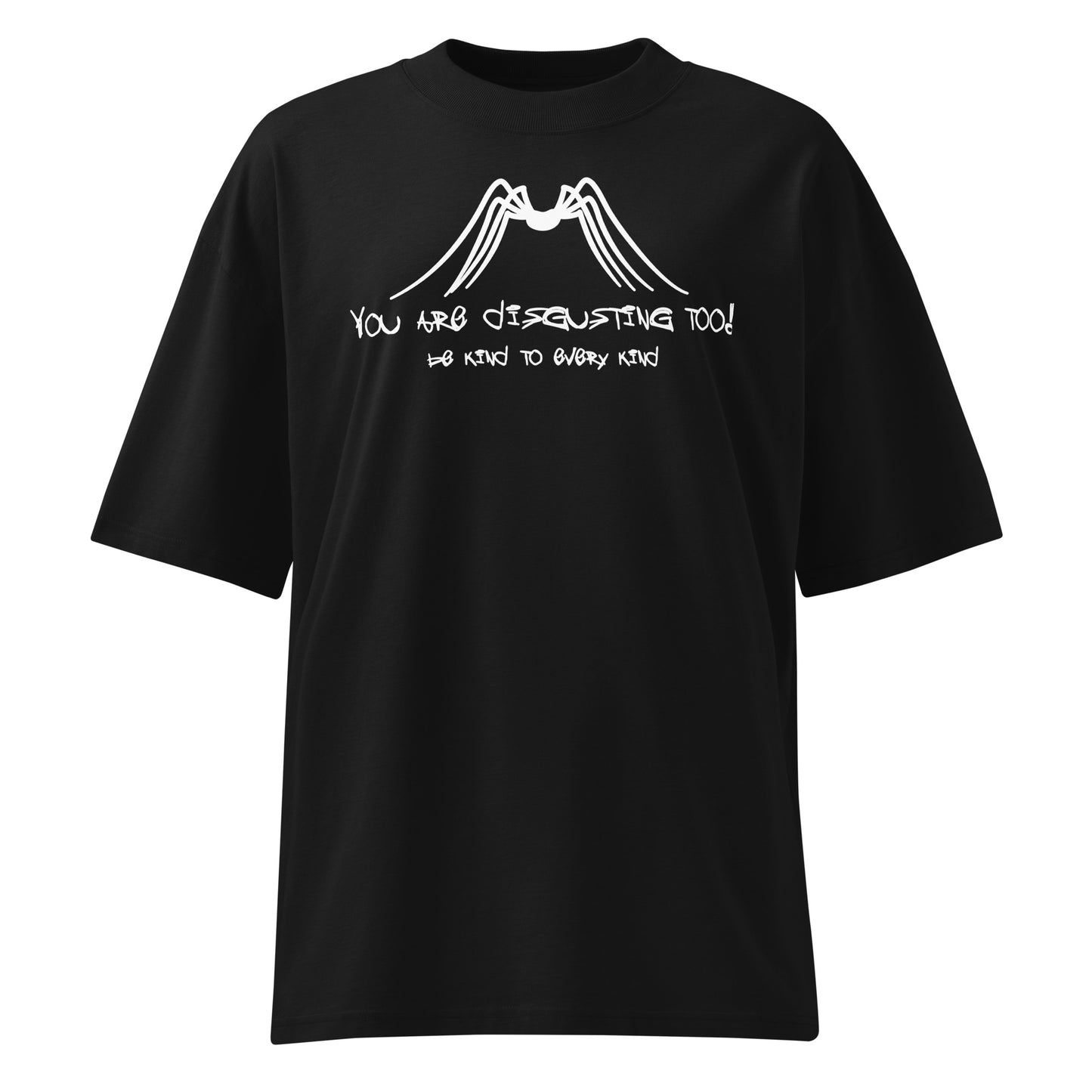 Schwarzes Bio-Baumwoll-Oversized-Shirt mit weißem Spinnen-Print und dem Schriftzug „Be kind to every kind“.