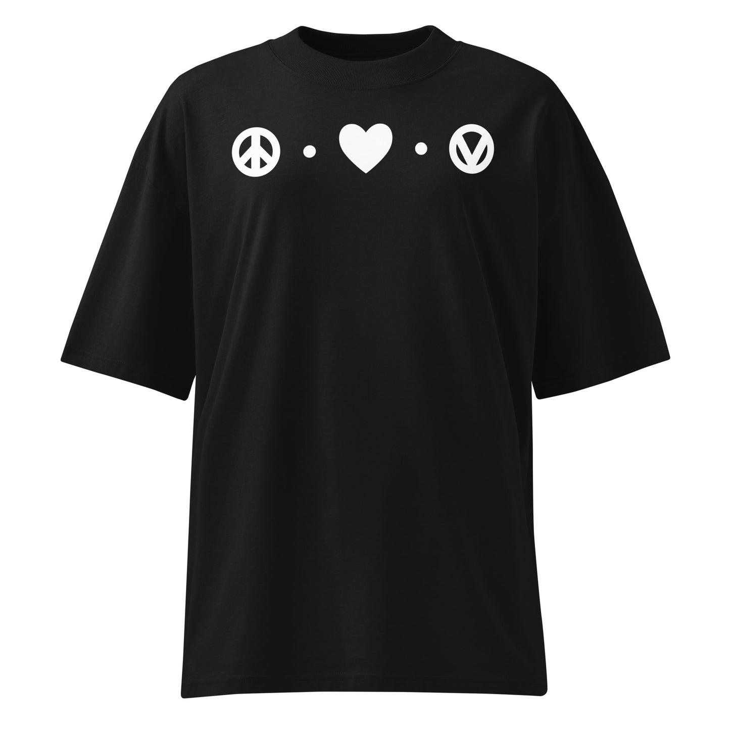 Schwarzes Bio-Baumwoll-Shirt in Oversized-Passform mit weißem Peace-Herz-Vegan-Print auf der Brust.