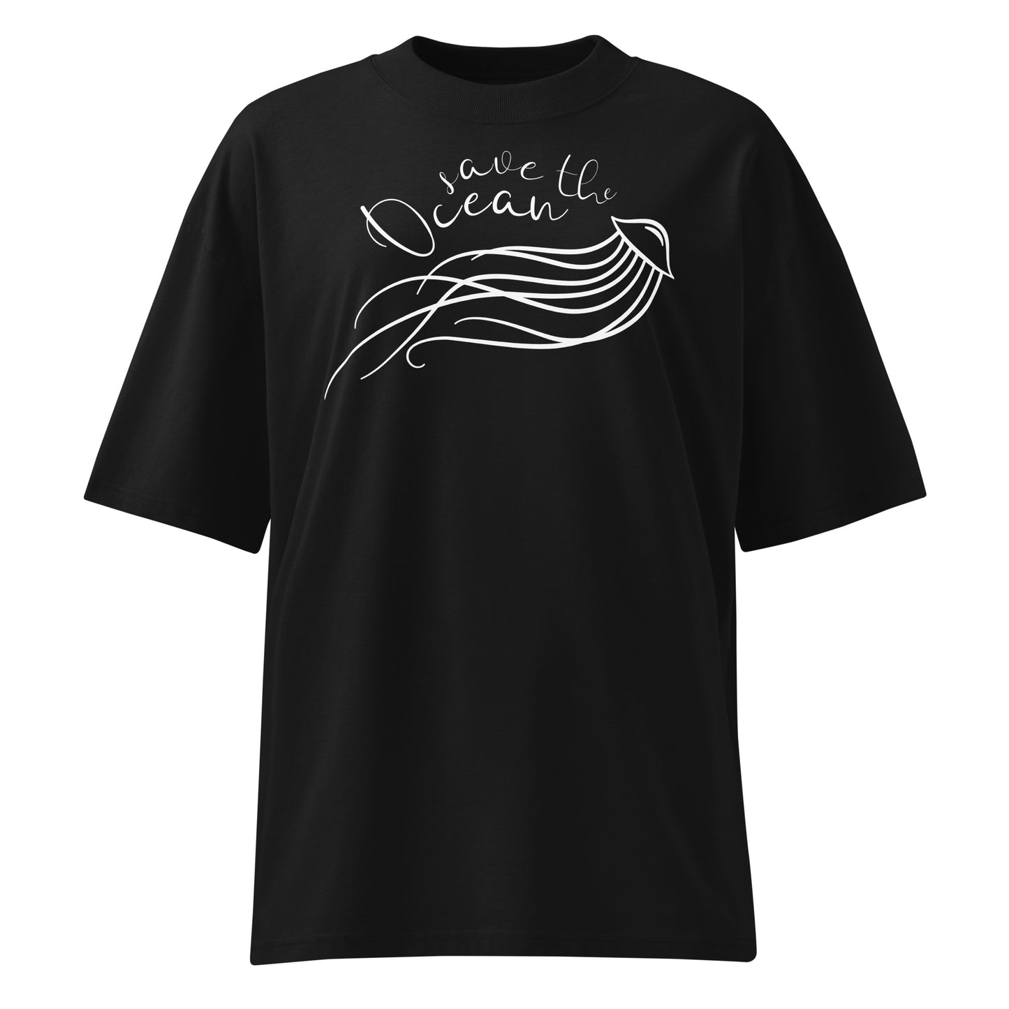 Schwarzes Bio-Baumwoll-Oversized-Shirt mit weißem „Save the Ocean“-Quallen-Aufdruck und überschnittenen Schultern.