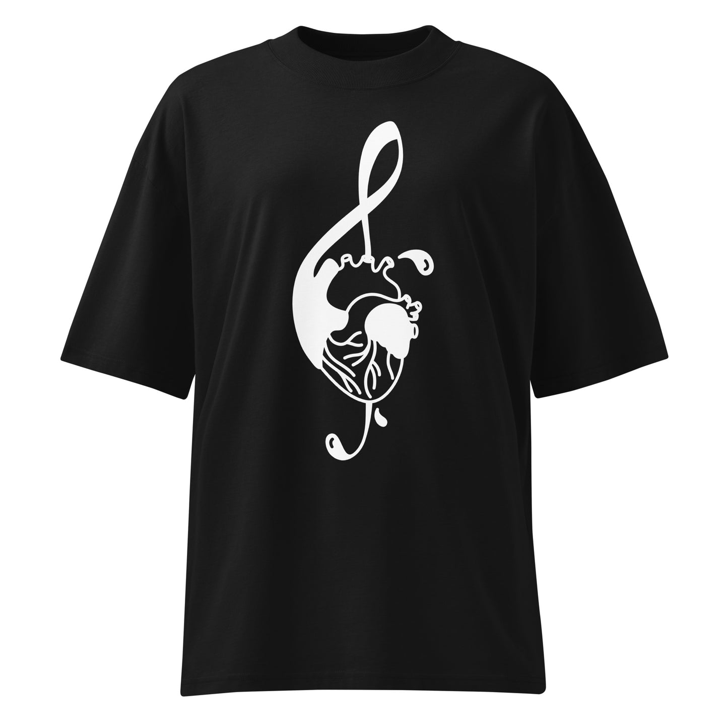 Schwarzes Bio-Baumwoll-Oversized-Shirt mit weißem Musik-Herz-Print, überschnittenen Schultern und Rundhalsausschnitt.