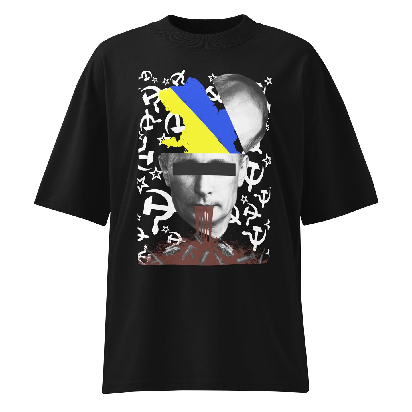 Schwarzes Bio-Baumwoll-Oversized-Shirt mit politischem STOP WAR Druck, Ukraine-Flagge und Hammer-und-Sichel-Motiven.