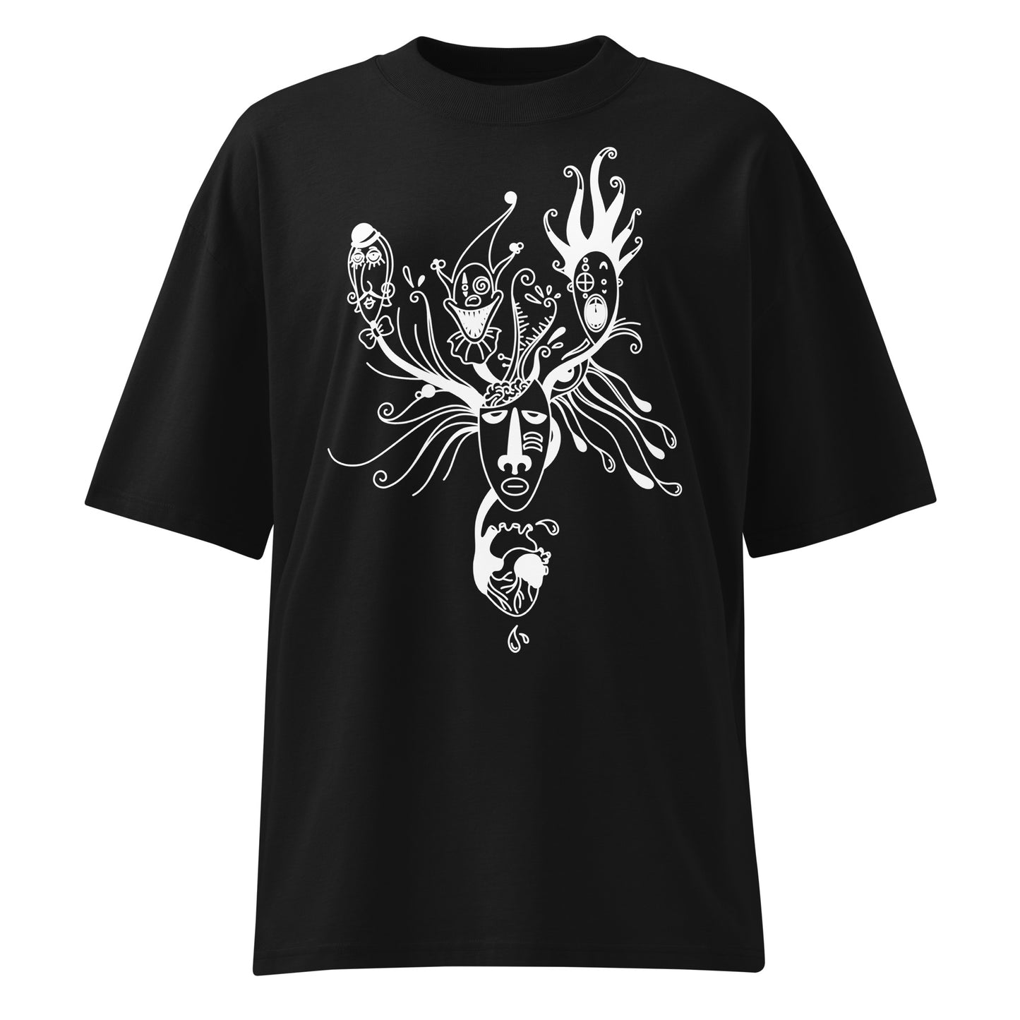 Schwarzes Bio-Baumwoll-Oversized-Shirt mit weißem Mental Health „Behind the Mask“ Grafik-Print und überschnittenen Schultern.