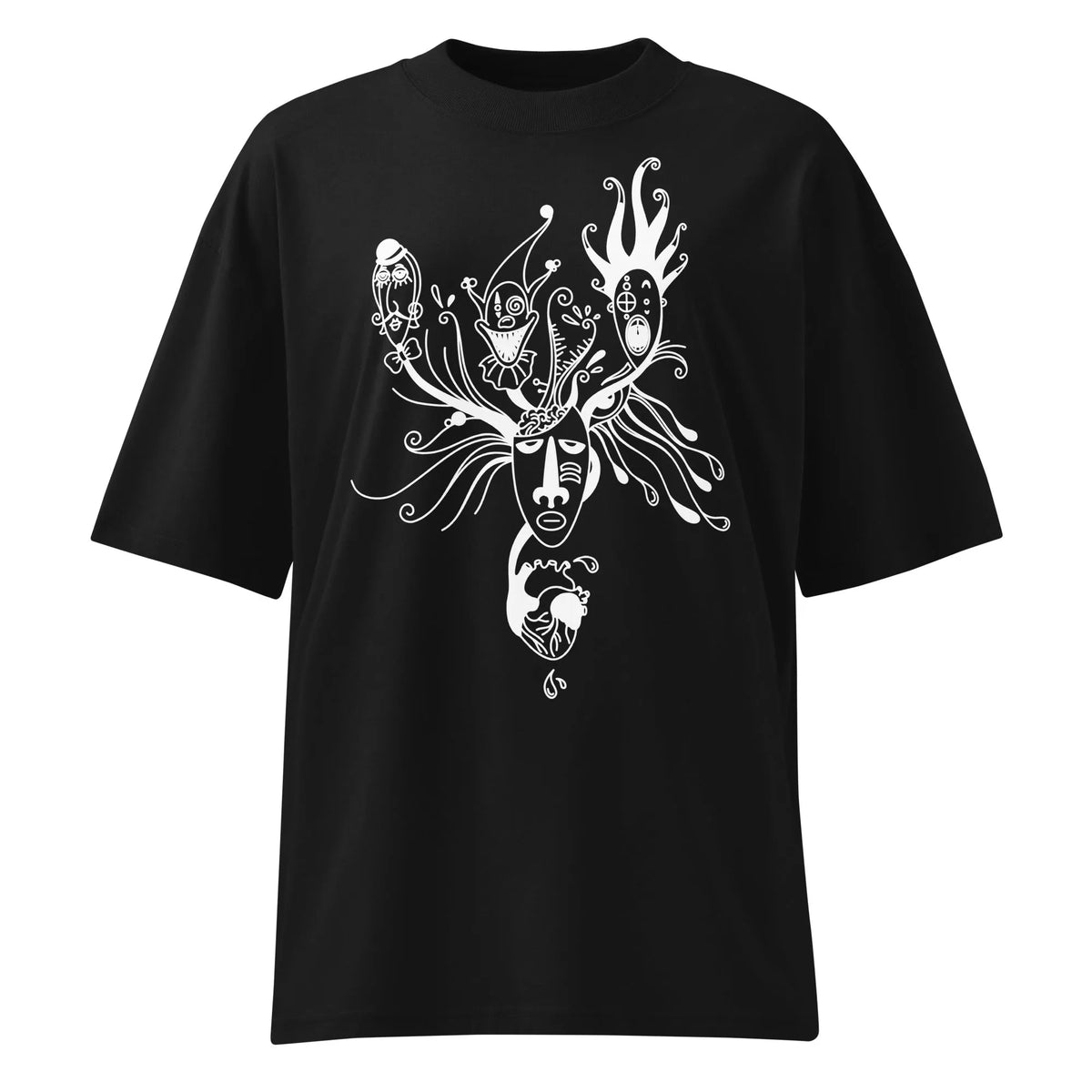 Oversized T-Shirt mit rundem Halsausschnitt, schwarz und weißem Kopf-Linienmotiv