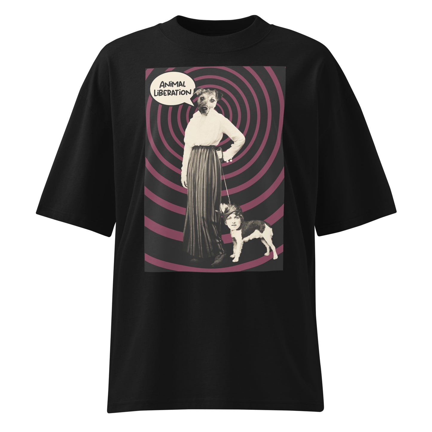 Schwarzes Oversized-Shirt aus Bio-Baumwolle mit Animal Liberation Print und surrealem Hundemotiv auf lila Spiralhintergrund.