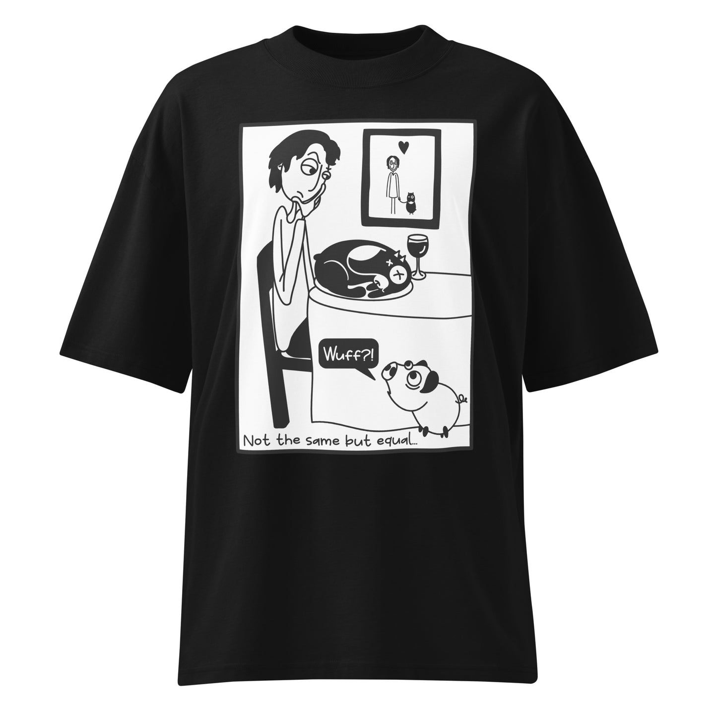 Schwarzes Bio-Baumwoll-Oversized-Shirt mit weißem Pigdog-Comic-Print und dem Schriftzug Not the same but equal.