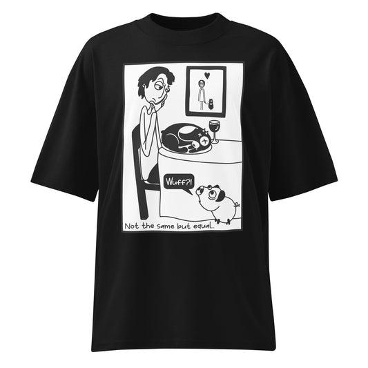 Schwarzes Bio-Baumwoll-Oversized-Shirt mit weißem Pigdog-Comic-Print und dem Schriftzug Not the same but equal.