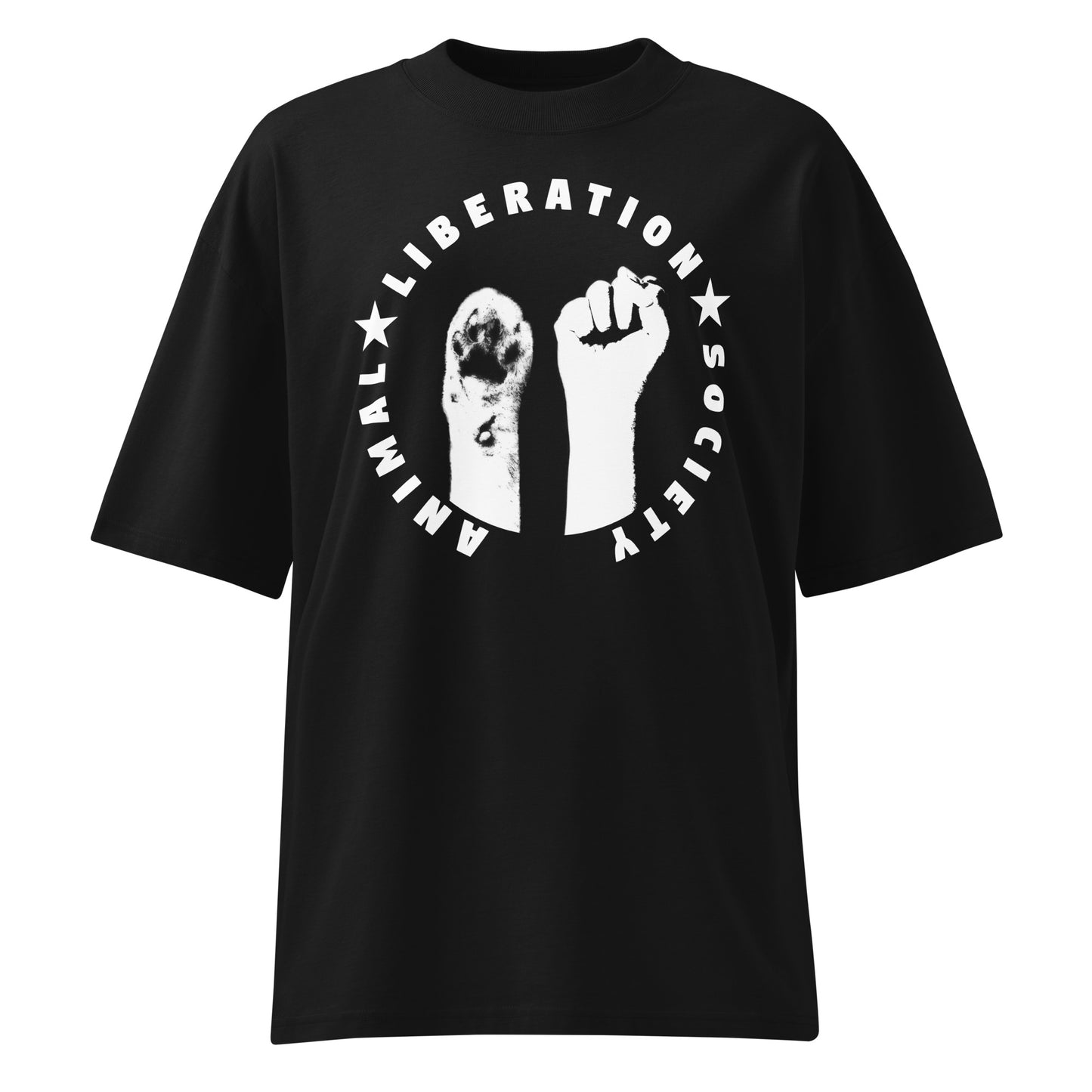 Schwarzes Bio-Baumwoll-Shirt im Oversized-Schnitt mit weißem Animal Liberation Society Print und Pfoten-Faust-Motiv.