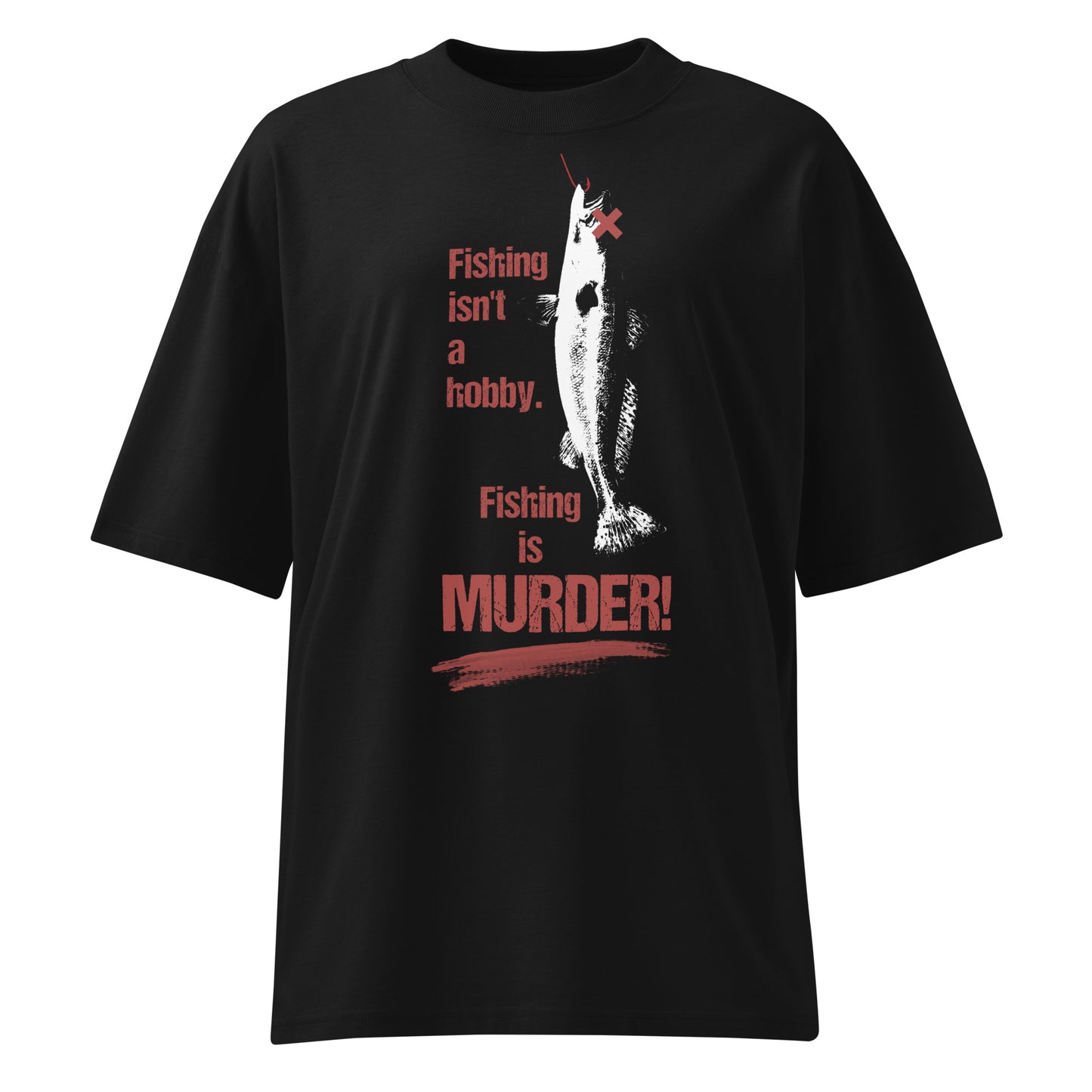 Schwarzes Bio-Baumwoll-Oversized-Shirt mit weißem Fisch-Motiv und rotem Schriftzug Fishing is MURDER.