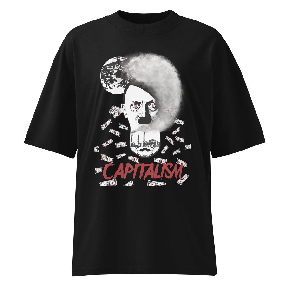 Schwarzes Oversize-T-Shirt mit Frontprint „CAPITALISM“ und Porträt