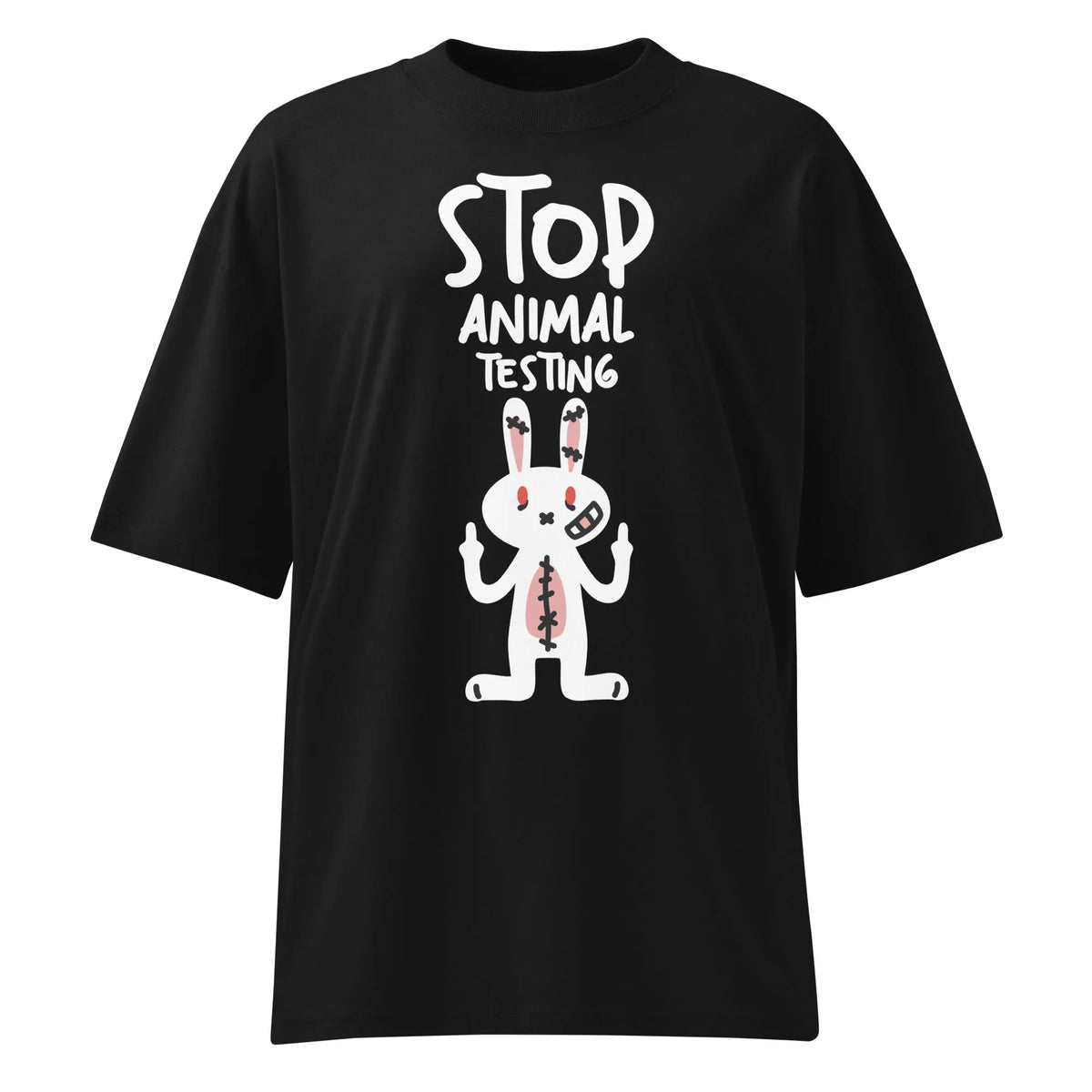 Oversized T-Shirt in Schwarz mit Motiv „Stop Animal Testing“ und Hase