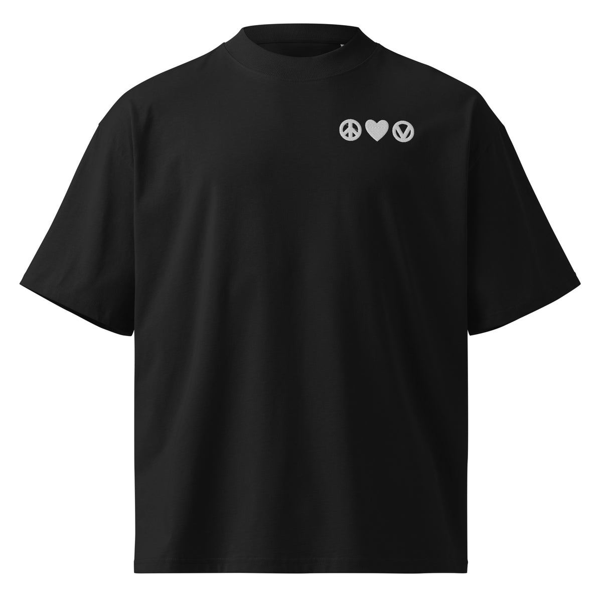 Oversized T‑Shirt in Schwarz mit besticktem Peace- und Vegan-Emblem auf der Brust
