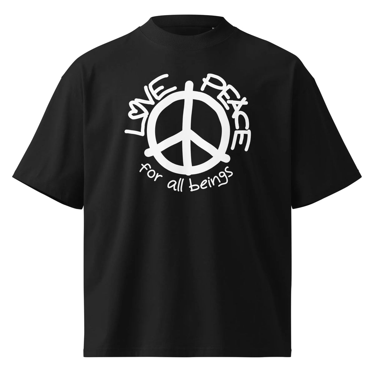 Oversized T-Shirt in Schwarz mit Peace-Zeichen-Print und Schriftzug „for all beings“