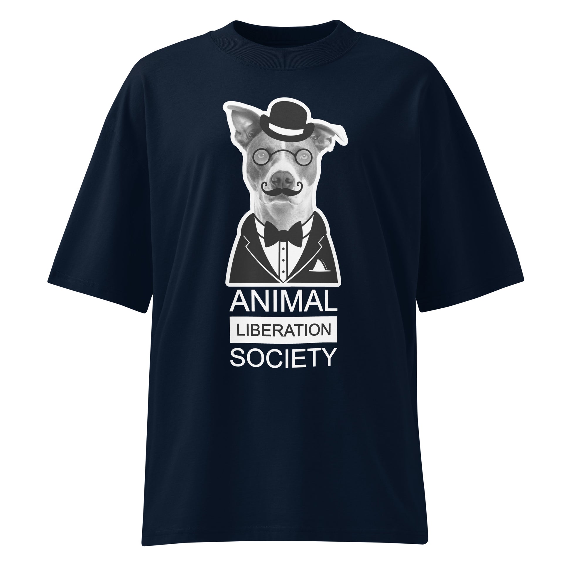 Dunkelblaues Bio-Baumwoll-Oversized-Shirt mit Mr. Dog Print, Melone, Brille und Animal Liberation Society Schriftzug.