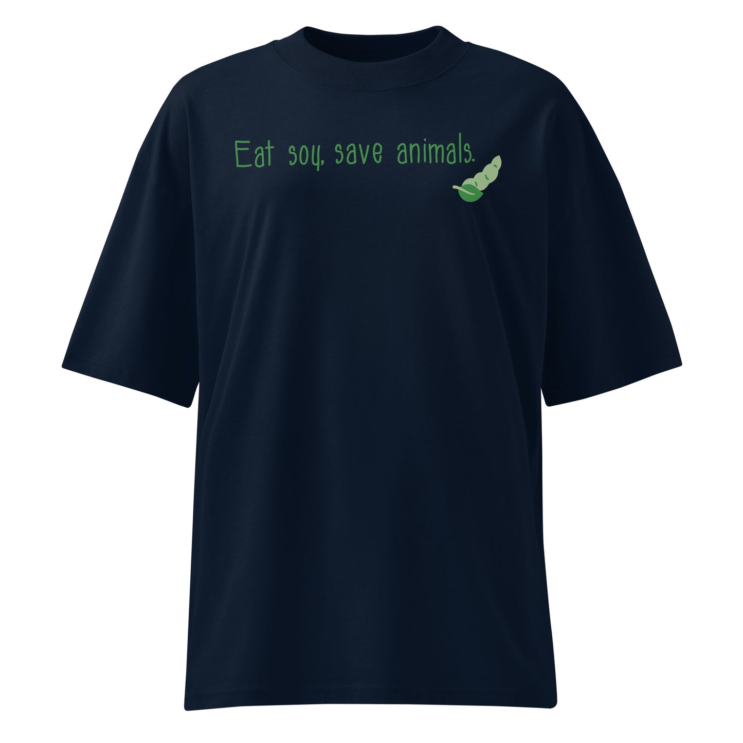 Dunkelblaues Bio-Baumwoll-Shirt im Oversized-Schnitt mit grünem „Eat soy, save animals.“-Aufdruck und Sojabohnen-Grafik.