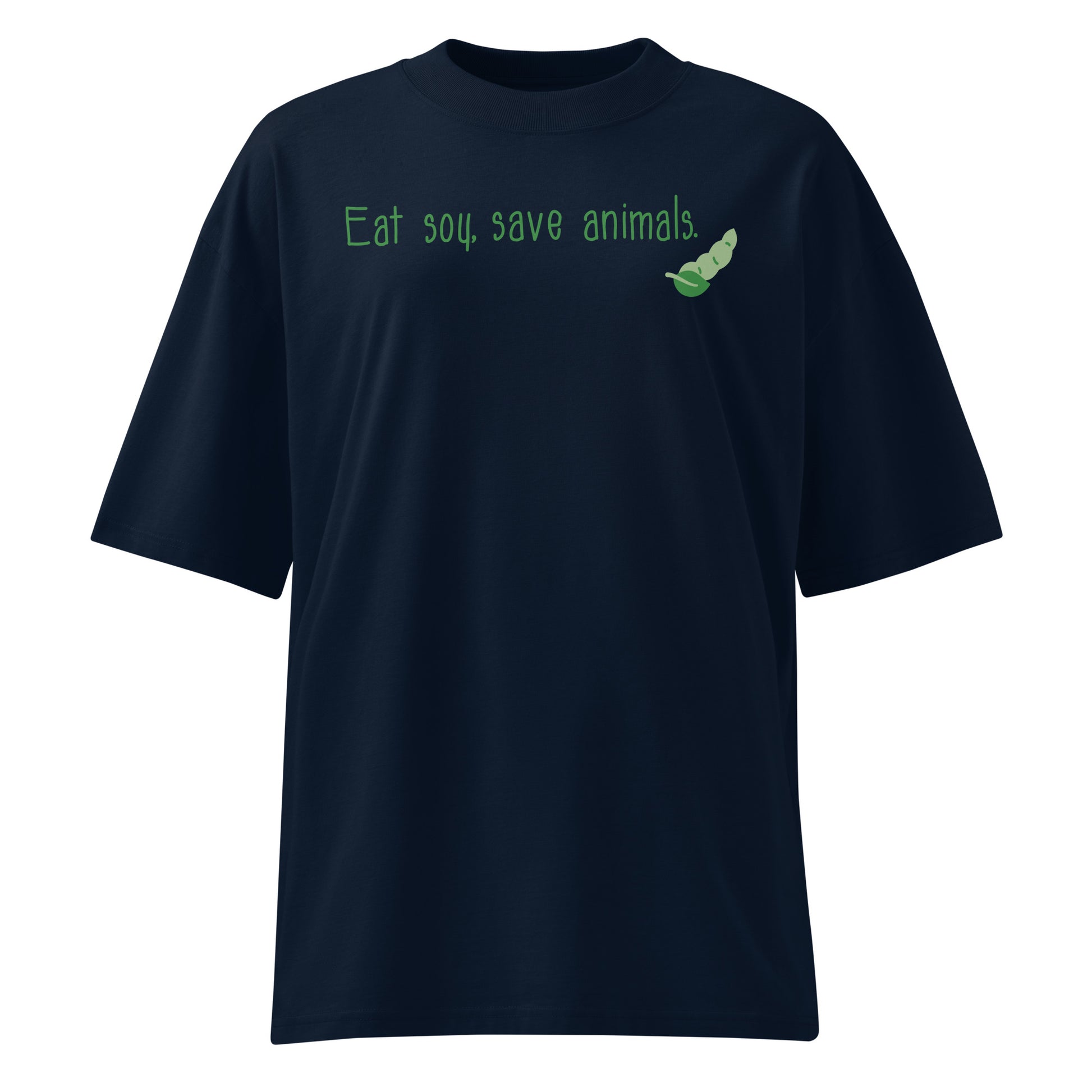 Dunkelblaues Bio-Baumwoll-Shirt im Oversized-Schnitt mit grünem „Eat soy, save animals.“-Aufdruck und Sojabohnen-Grafik.