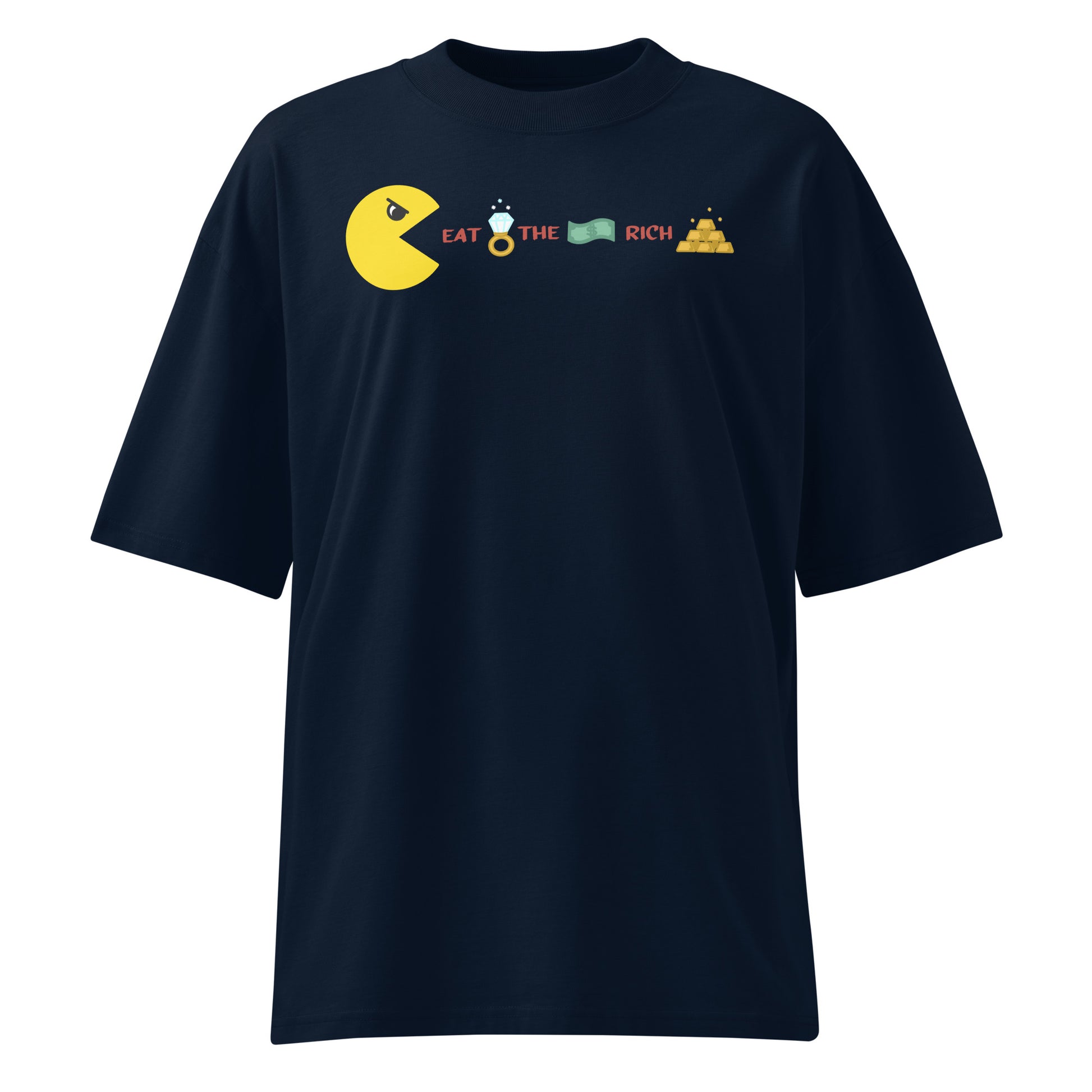 Dunkelblaues Bio-Baumwoll-Oversized-Shirt mit Pacman-Grafik und dem Schriftzug Eat the Rich.