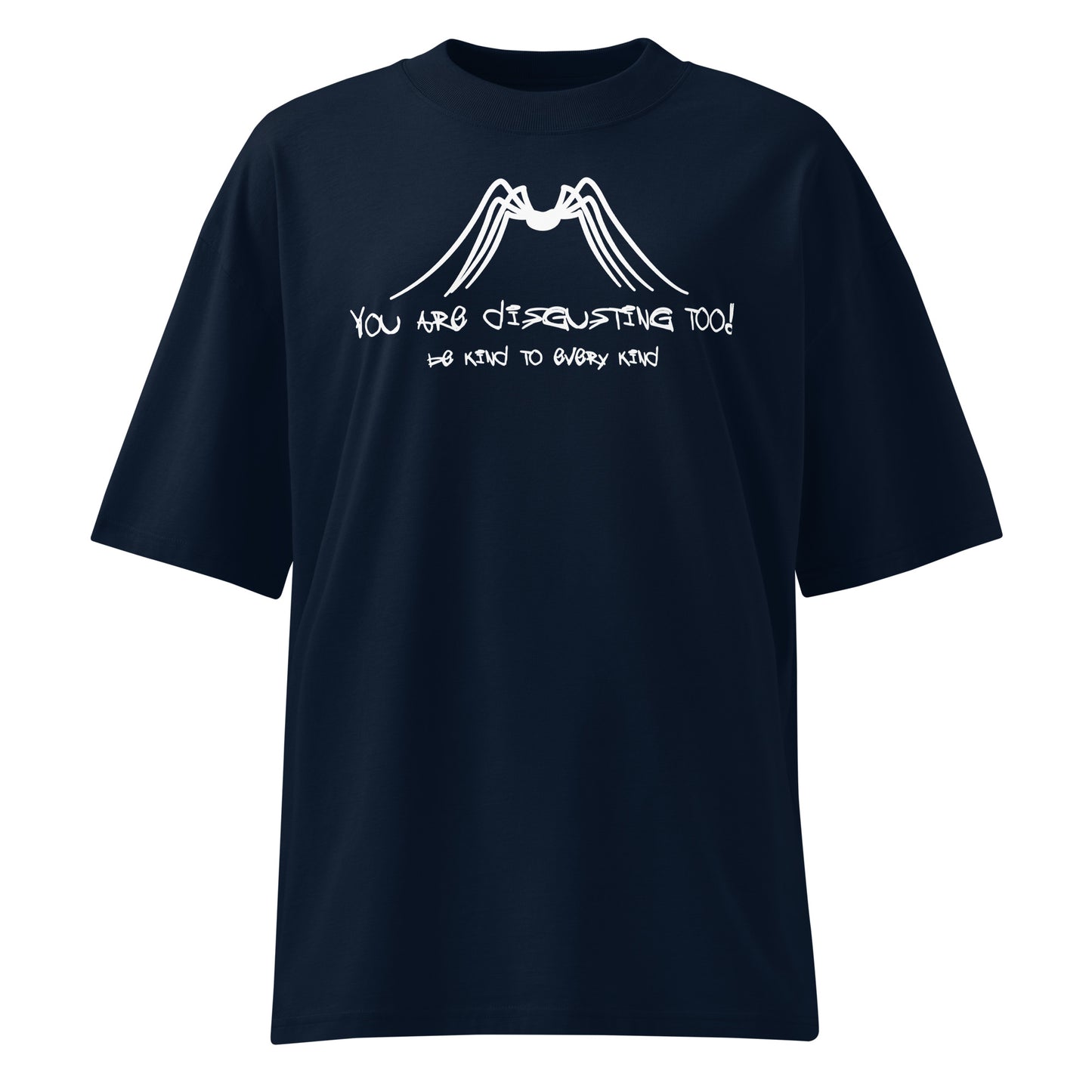 Dunkelblaues Bio-Baumwoll Oversized-Shirt mit weißem Spinnen-Print und dem Schriftzug Be kind to everykind.