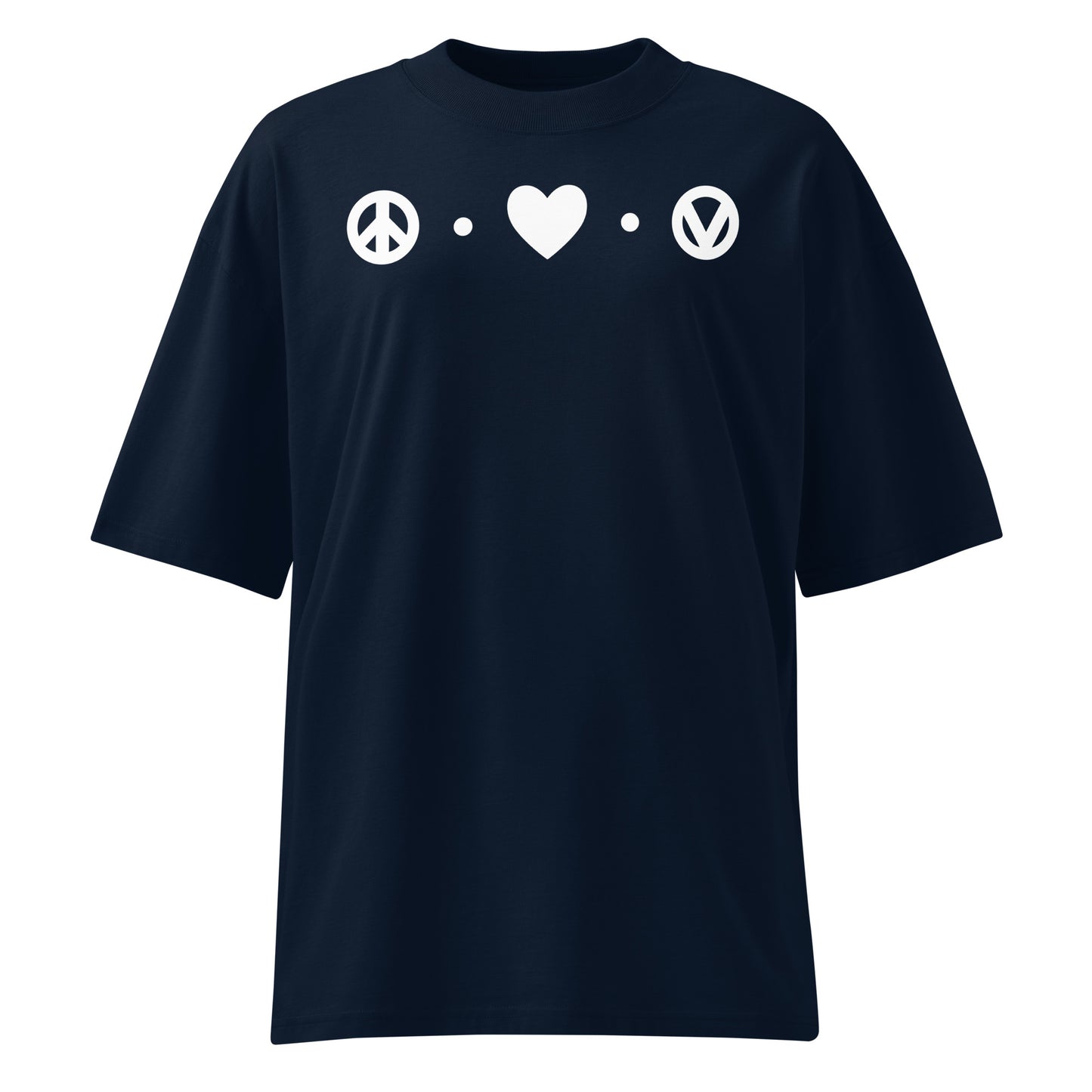 Dunkelblaues Bio-Baumwoll-Shirt im Oversized-Schnitt mit weißem Peace-Herz-Vegan-Print auf der Brust.