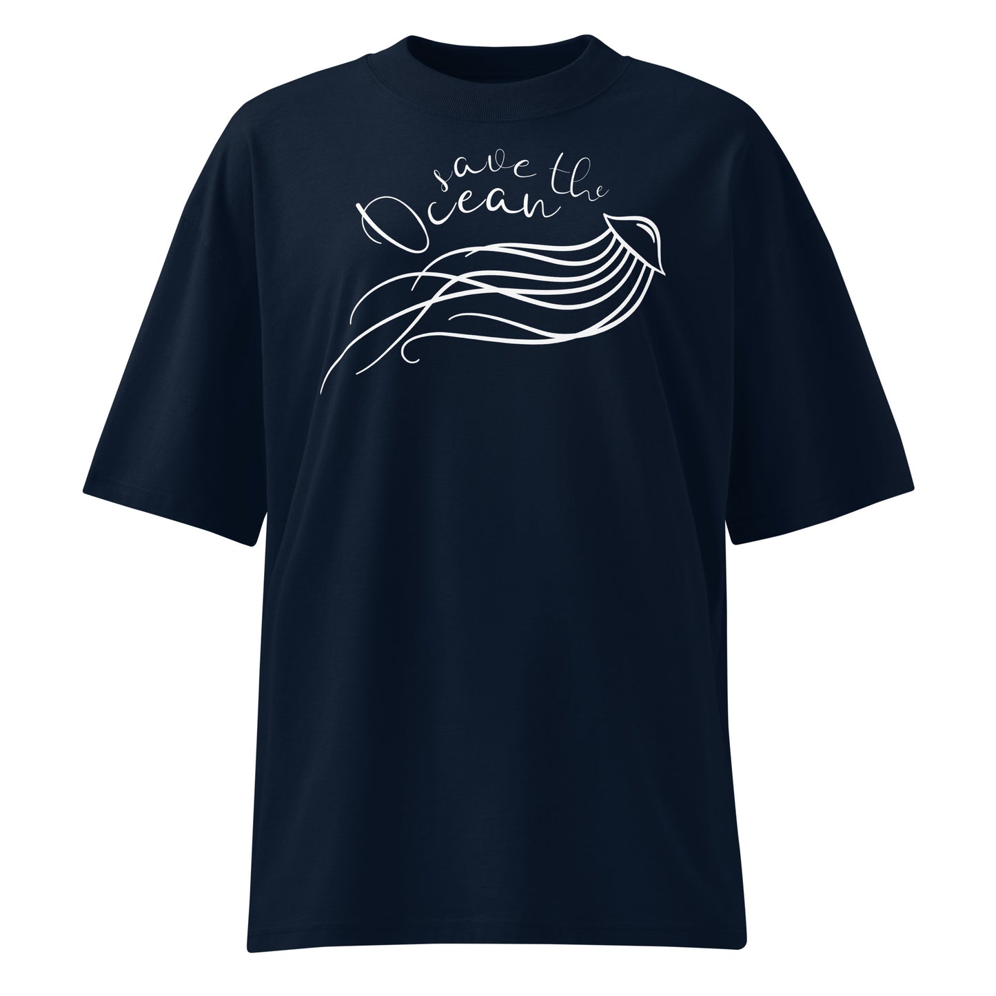 Dunkelblaues Bio-Baumwoll-Oversized-Shirt mit weißem „Save the Ocean“-Quallen-Print und überschnittenen Schultern.