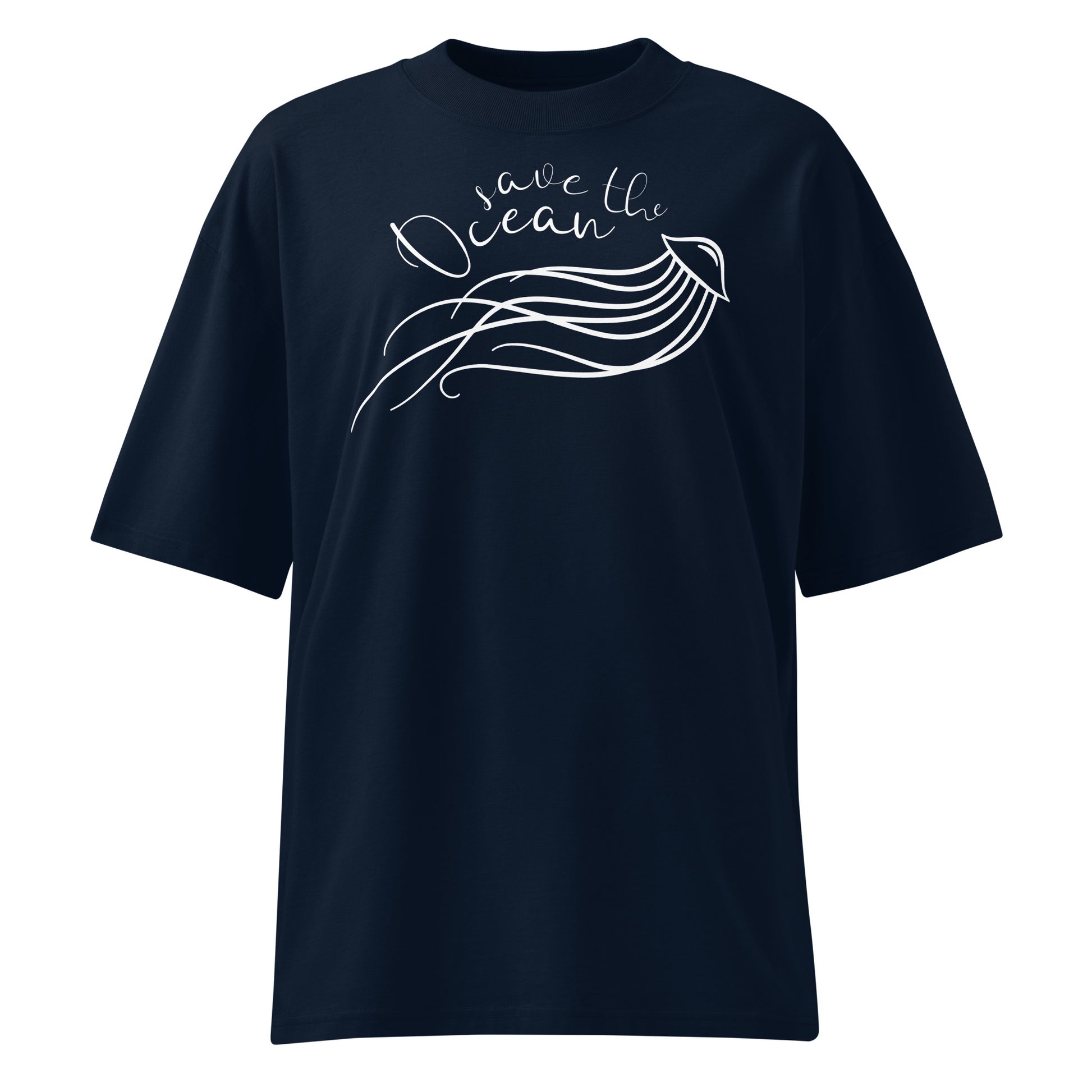 Dunkelblaues Bio-Baumwoll-Oversized-Shirt mit weißem „Save the Ocean“-Quallen-Print und überschnittenen Schultern.