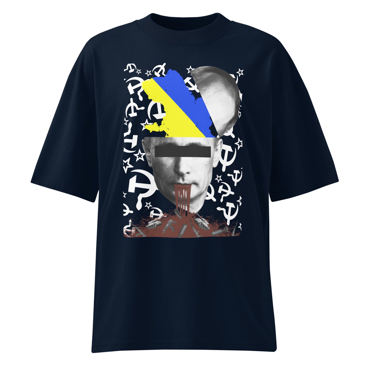 Schwarzes Bio-Baumwoll-Oversized-Shirt mit politischem „STOP WAR“-Print, Ukraine-Flagge und Hammer-und-Sichel-Motiv.